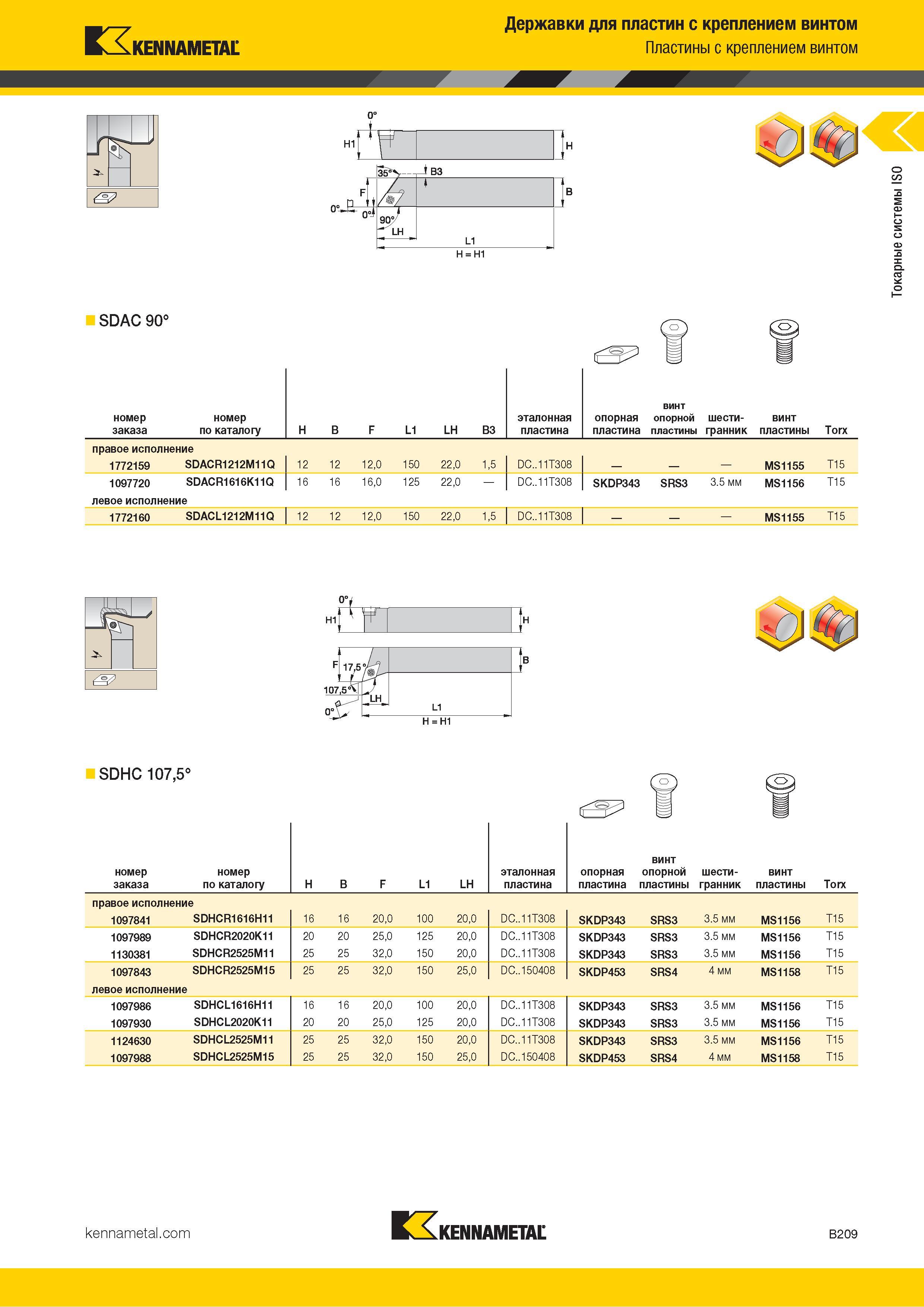 231 Kennametal Державки для пластин с креплением винтом Пластины с креплением винтом I ВЗ Н = Н1 SDAC 90° Номер заказа по каталогу H B F L1 LH B3 эталонна Каталог KENNAMETAL 2018 Инструмент токарный Резцы и державки с режущими сменными пластинами для наружного точения и внутреннего растачивания на станках Стр. B209
