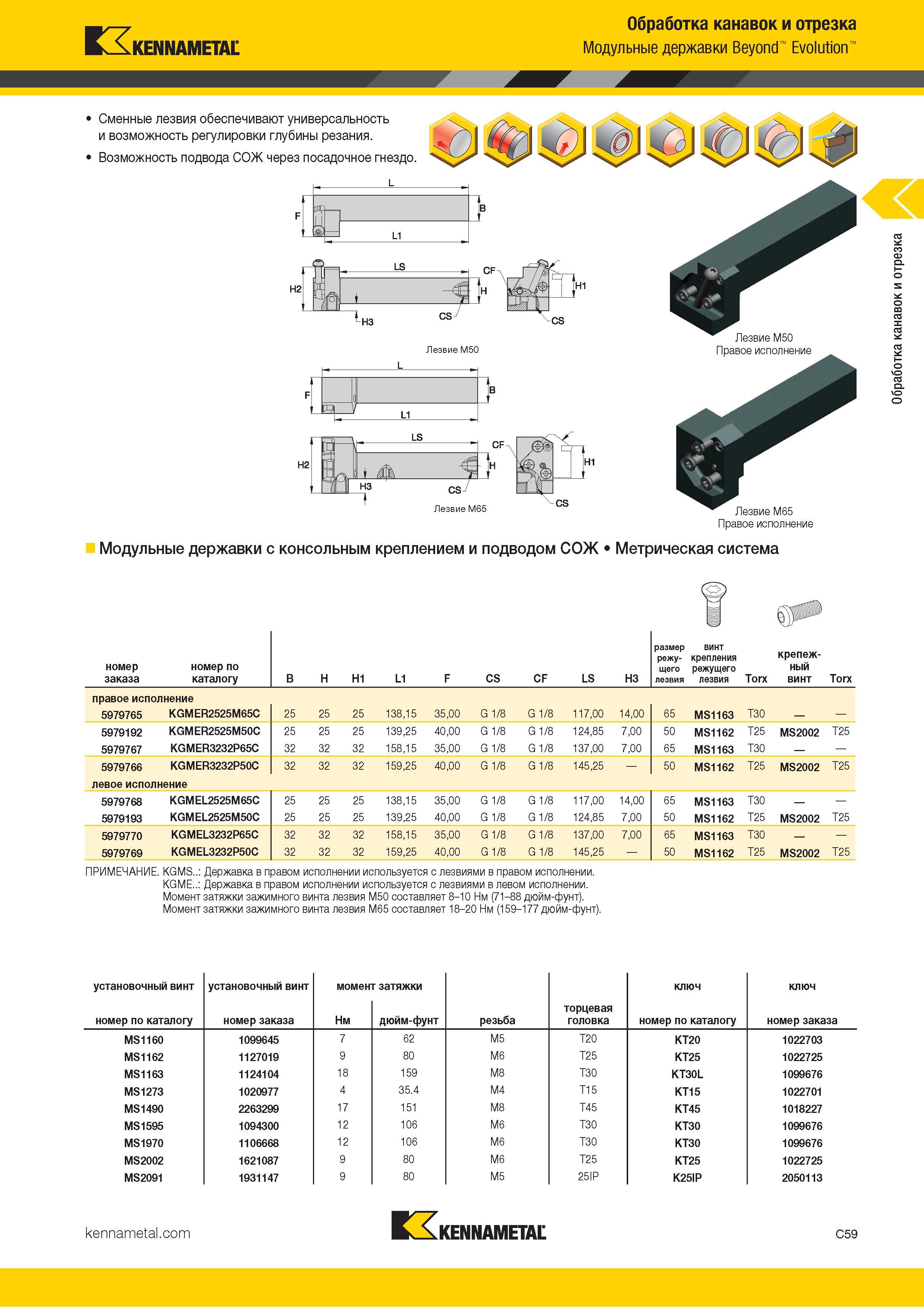 469 Kennametal Обработка канавок и отрезка Модульные державки Beyond Evolution Сменные лезвия обеспечивают универсальность и возможность регулировки глуби Каталог KENNAMETAL 2018 Инструмент токарный Резцы и державки с режущими сменными пластинами для наружного точения и внутреннего растачивания на станках Стр. C59
