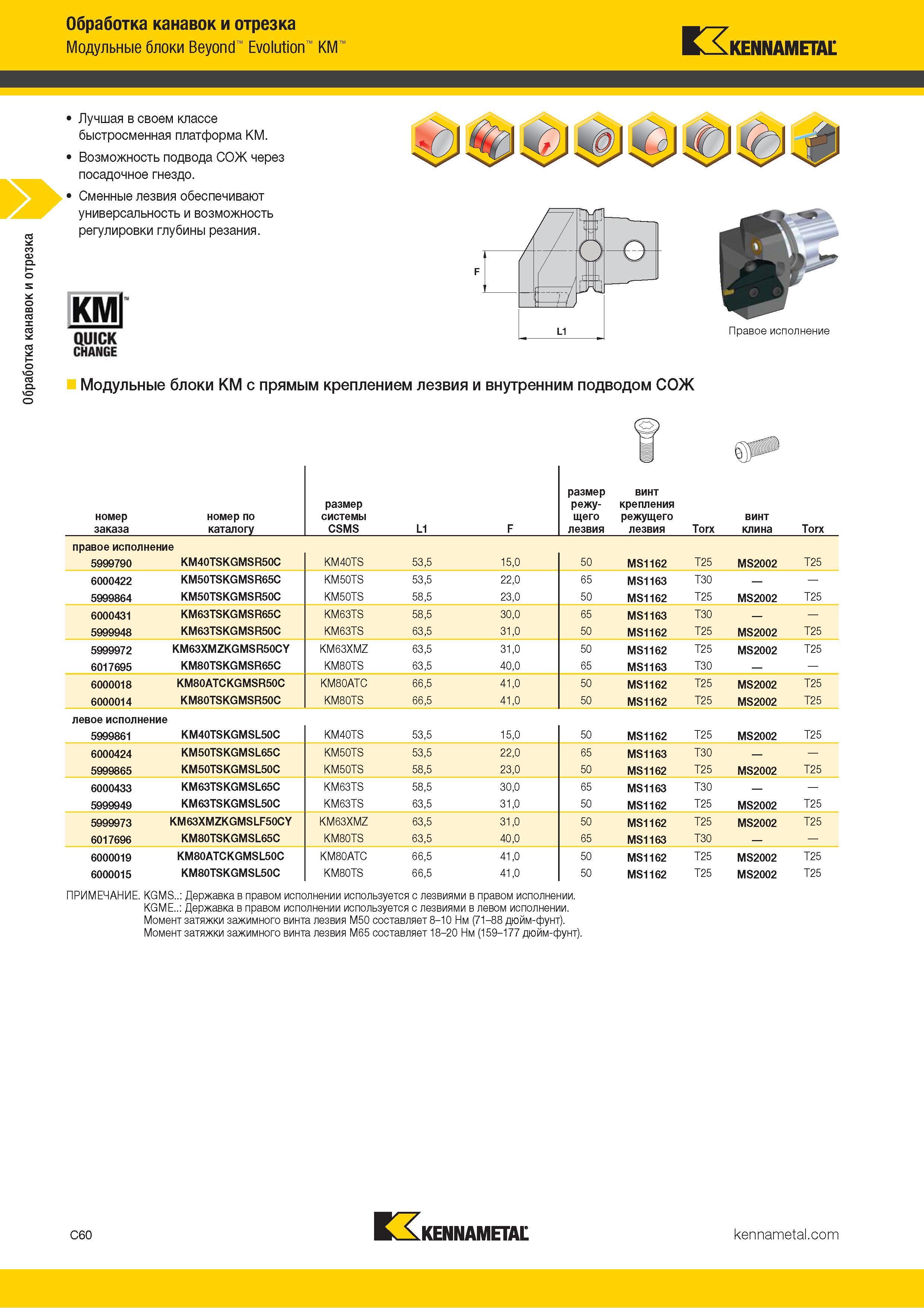 470 Обработка канавок и отрезка Обработка канавок и отрезка Модульные блоки Beyond Evolution KM Kennametal Лучшая в своем классе быстросменная платформа K Каталог KENNAMETAL 2018 Инструмент токарный Резцы и державки с режущими сменными пластинами для наружного точения и внутреннего растачивания на станках Стр. C60