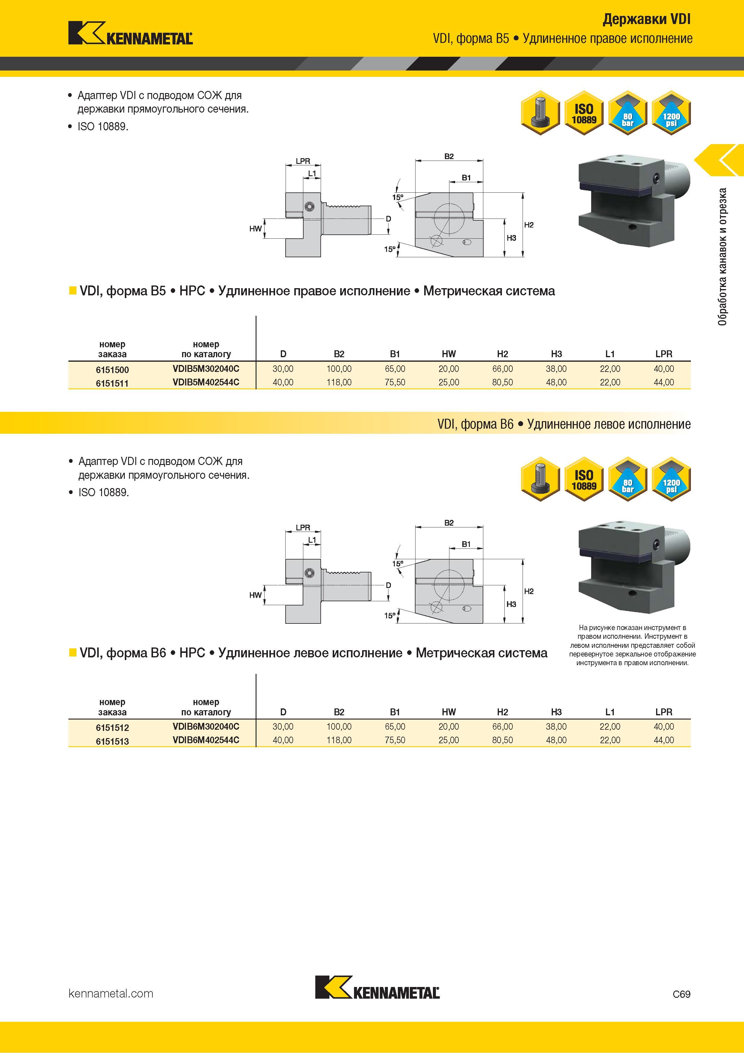 479 Державки VDI KENNAMETAL VDI, форма B5 Удлиненное правое исполнение VDI, форма B5 HPC Удлиненное правое исполнение Метрическая система номер заказа ном Каталог KENNAMETAL 2018 Инструмент токарный Резцы и державки с режущими сменными пластинами для наружного точения и внутреннего растачивания на станках Стр. C69