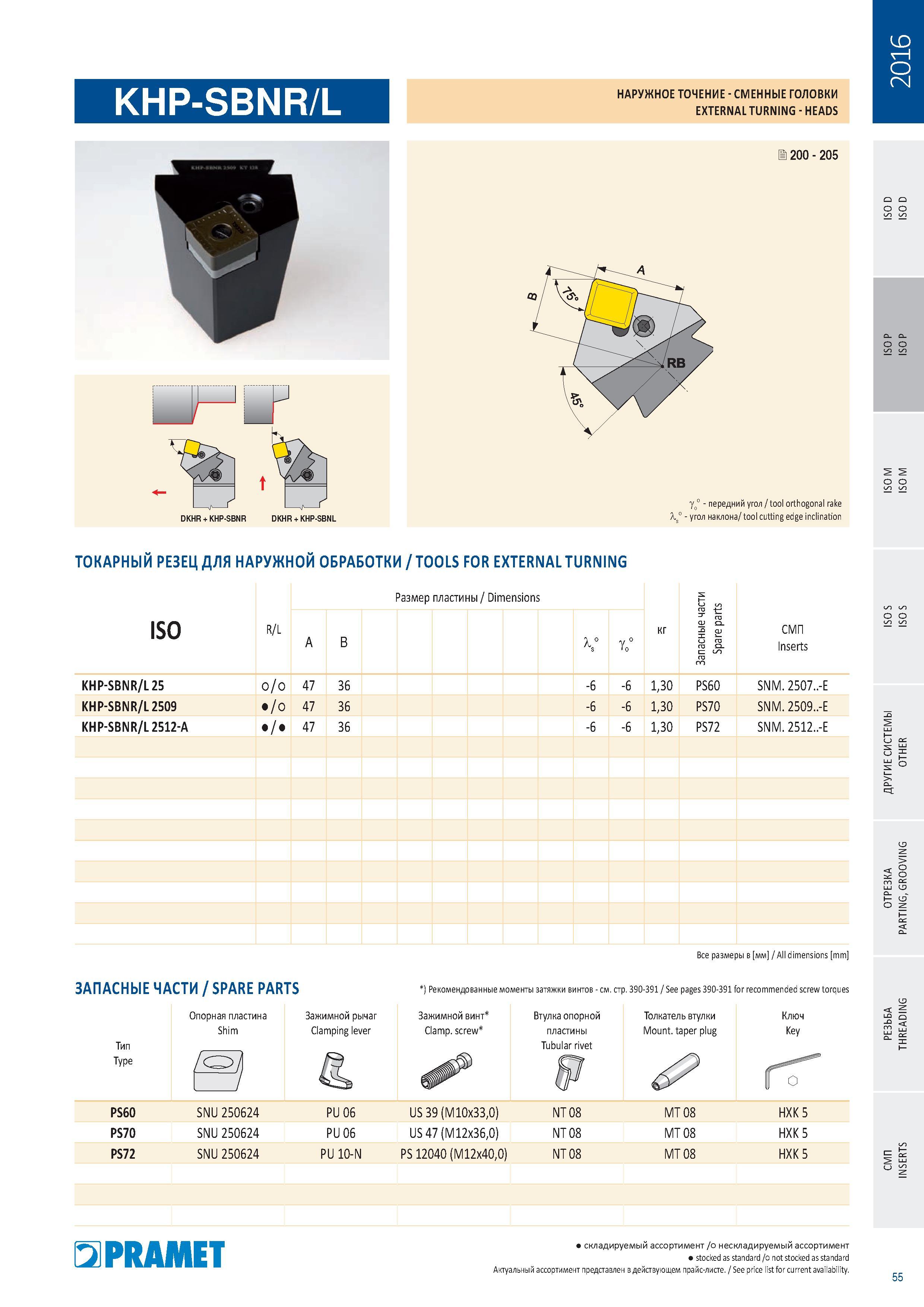 57 Сменные токарные головки Pramet KHP-SBNR/L для наружного точения Изображение Обозначение инструмента Комплектующие Каталог PRAMET 2016 Металлорежущий инструмент для точения фрезерования сверления на металлообрабатывающем станочном оборудовании Стр. 55