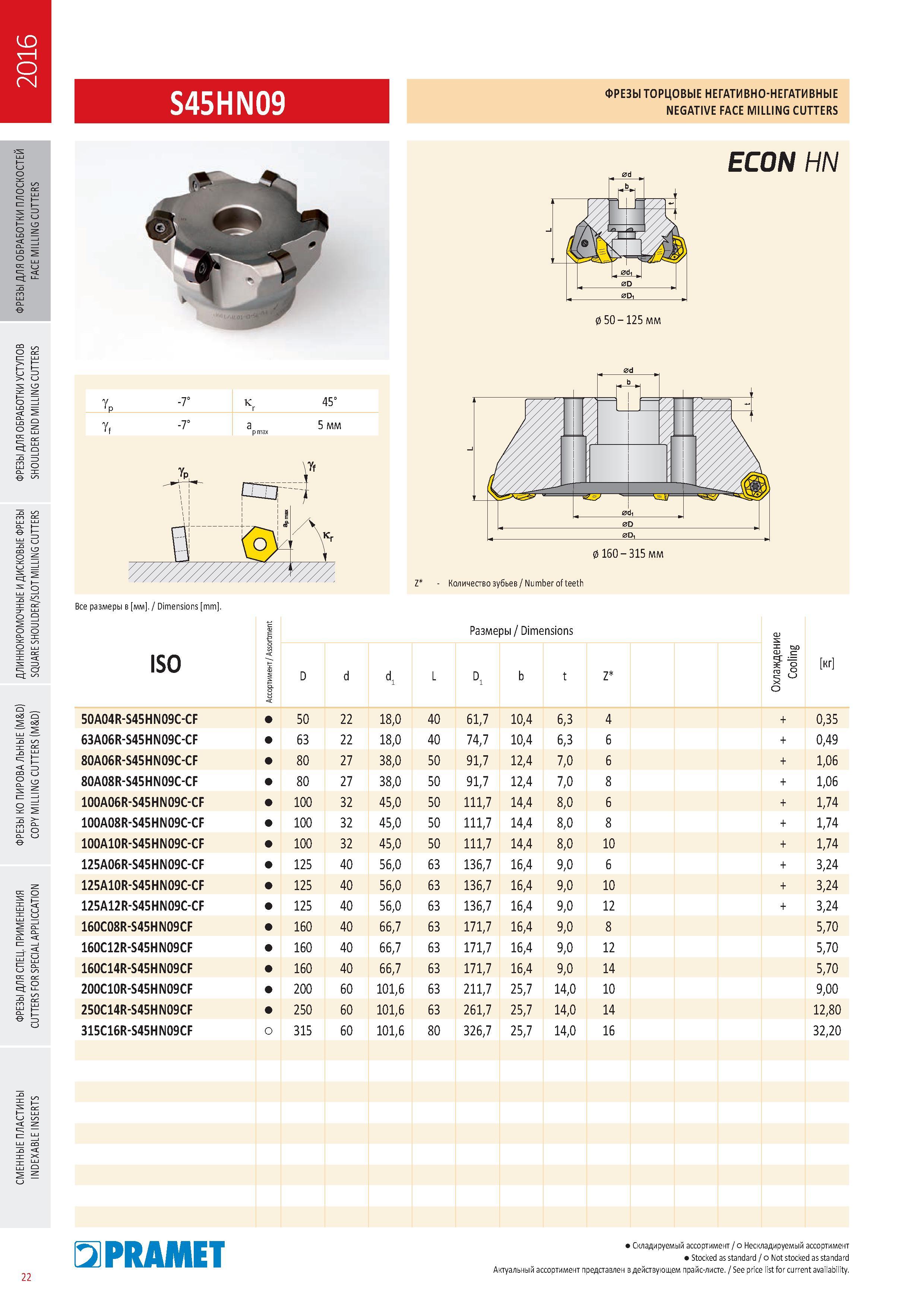 419 ФРЕЗЫ Pramet S45HN09 ТОРЦОВЫЕ НЕГАТИВНО-НЕГАТИВНЫЕ NEGATIVE FACE Milling CUTTERS Каталог PRAMET 2016 Металлорежущий инструмент для точения фрезерования сверления на металлообрабатывающем станочном оборудовании Стр. 22