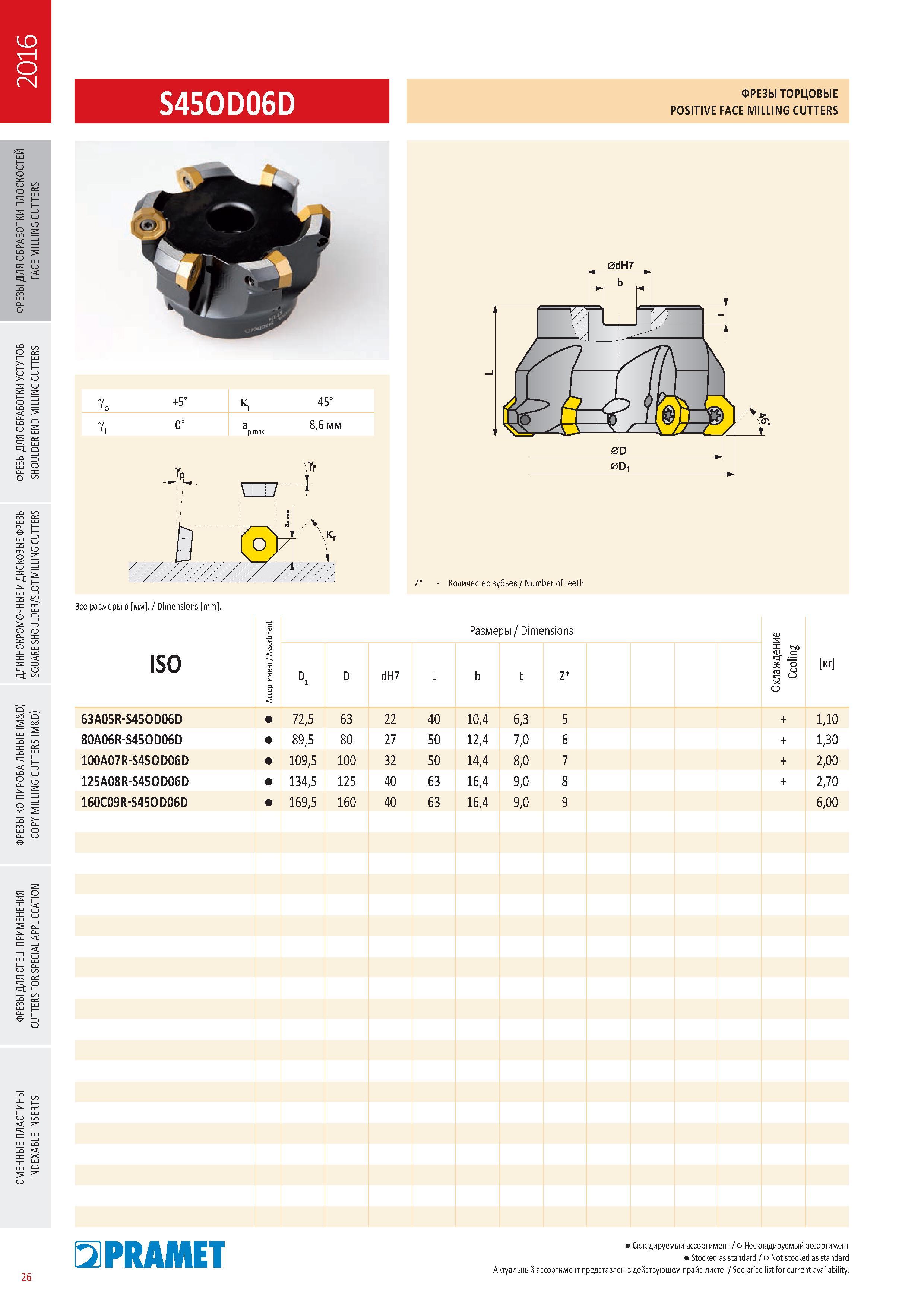 423 ФРЕЗЫ ТОРЦОВЫЕ Pramet S45OD06D POSITIVE FACE Milling CUTTERS Каталог PRAMET 2016 Металлорежущий инструмент для точения фрезерования сверления на металлообрабатывающем станочном оборудовании Стр. 26