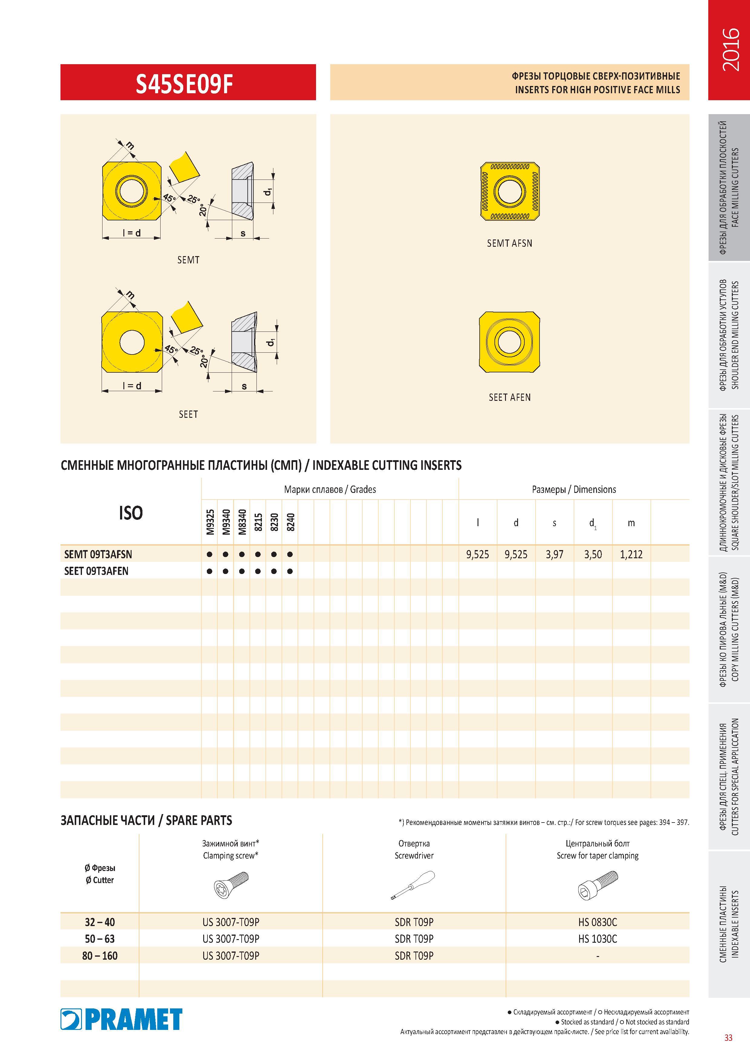 430 ФРЕЗЫ Pramet ТОРЦОВЫЕ СВЕРХ-ПОЗИТИВНЫЕ S45SE09F INSERTS FOR HIGH POSITIVE FACE MILLS Каталог PRAMET 2016 Металлорежущий инструмент для точения фрезерования сверления на металлообрабатывающем станочном оборудовании Стр. 33
