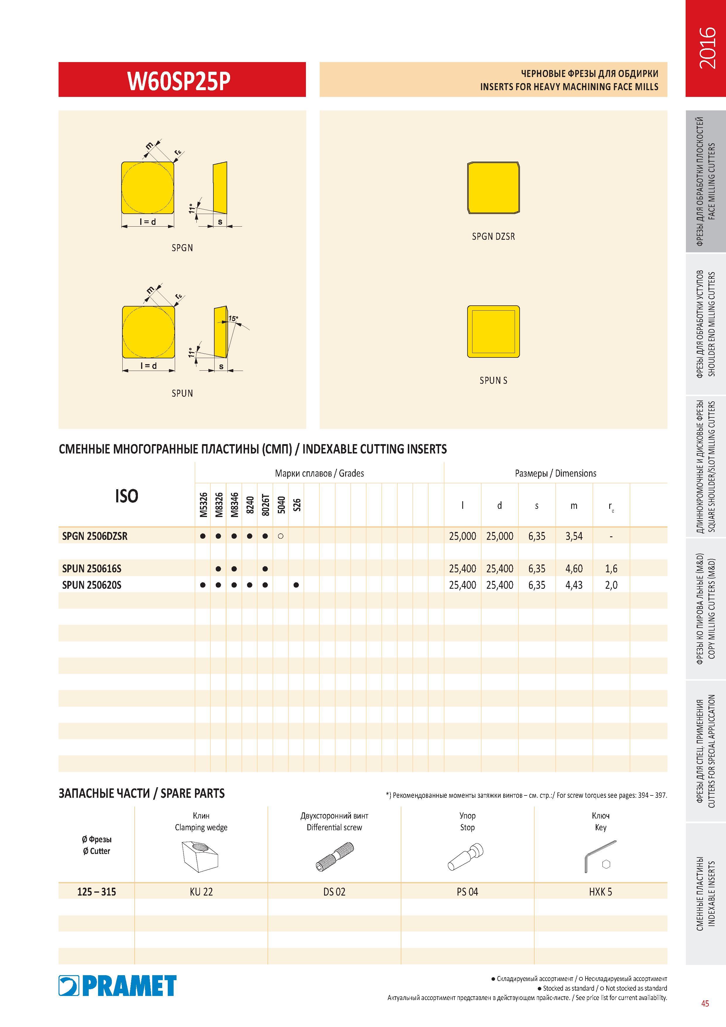 442 ЧЕРНОВЫЕ ФРЕЗЫ ДЛЯ ОБДИРКИ Pramet W60SP25P INSERTS FOR HEAVY MACHINING FACE MILLS Каталог PRAMET 2016 Металлорежущий инструмент для точения фрезерования сверления на металлообрабатывающем станочном оборудовании Стр. 45