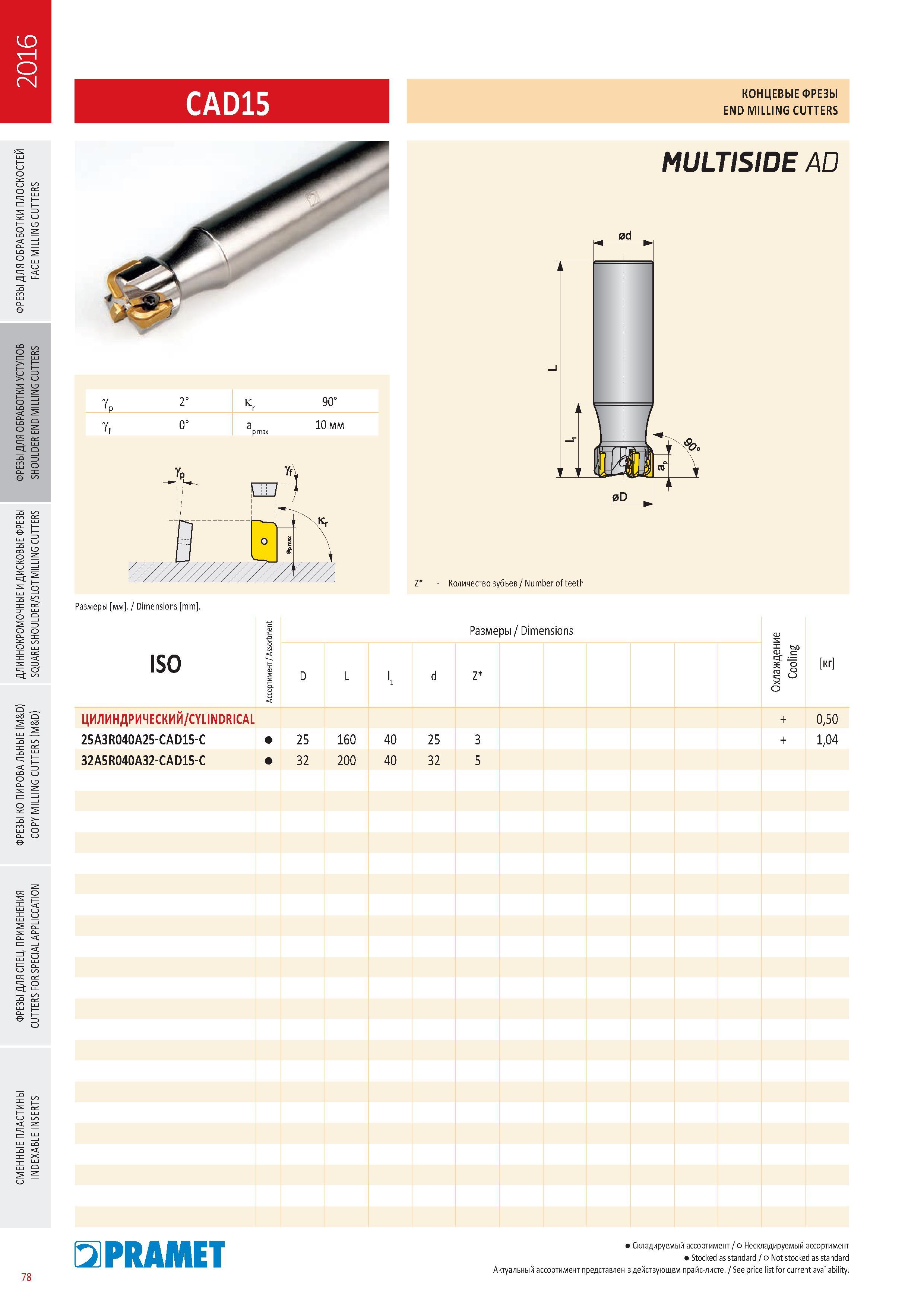 475 Концевые фрезы Pramet CAD15 END Milling CUTTERS MULTISIDE AD Каталог PRAMET 2016 Металлорежущий инструмент для точения фрезерования сверления на металлообрабатывающем станочном оборудовании Стр. 78
