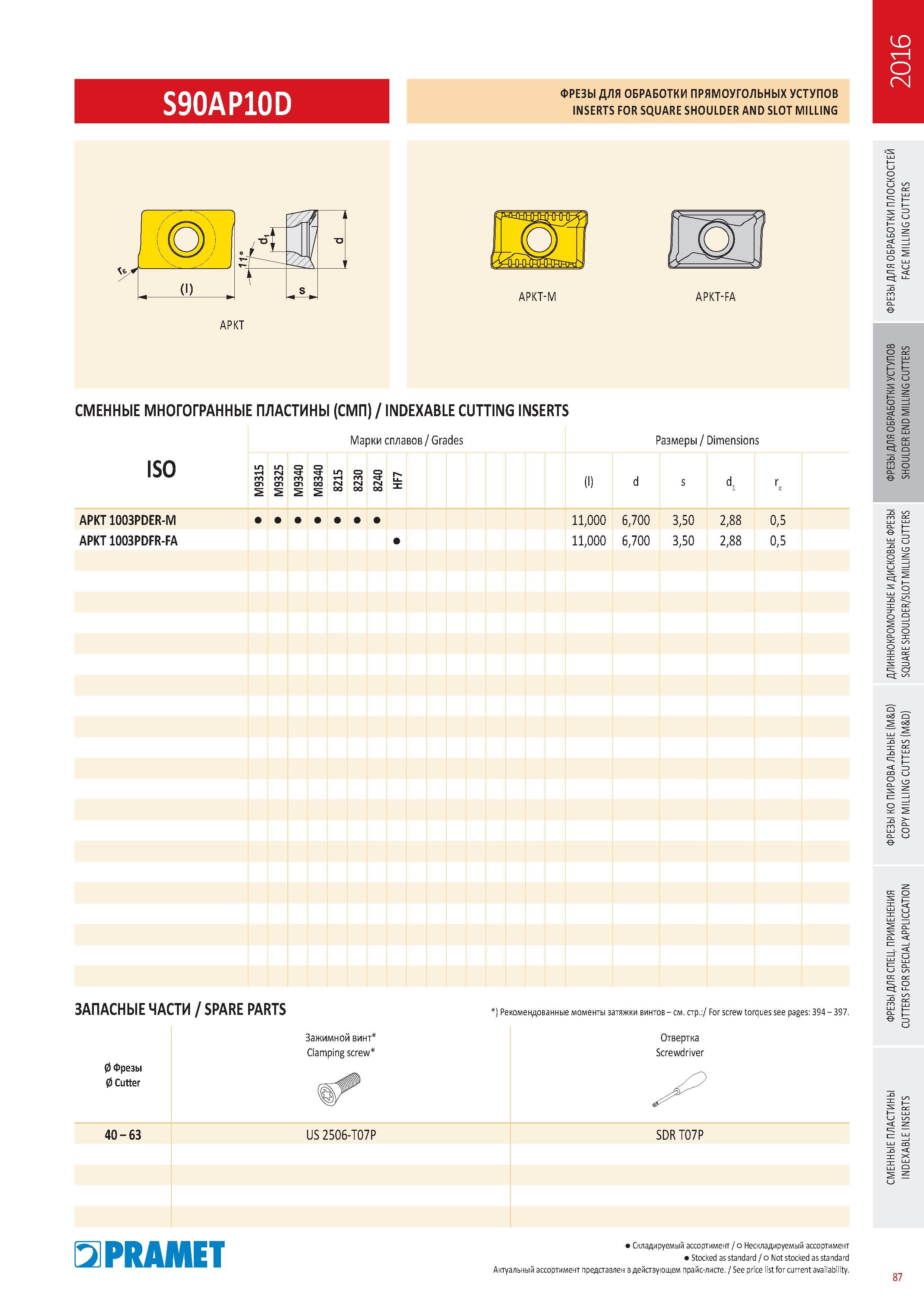 484 ФРЕЗЫ Pramet S90AP10D для фрезерования прямоугольных уступов INSERTS FOR SQUARE SHOULDER AND SLOT Milling Каталог PRAMET 2016 Металлорежущий инструмент для точения фрезерования сверления на металлообрабатывающем станочном оборудовании Стр. 87