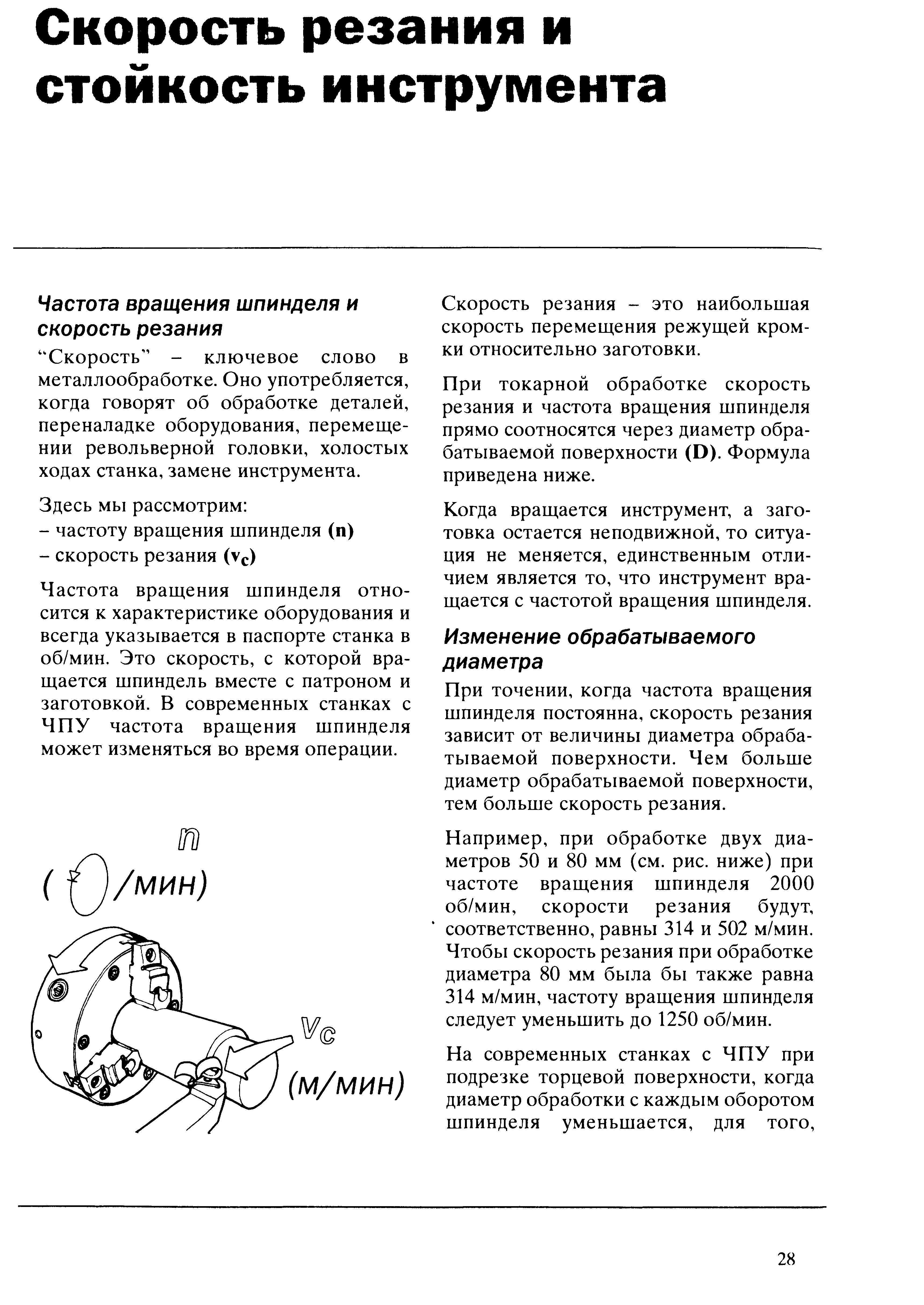28 Теоретические основы токарного дела При токарной обработке на металлообрабатывающем оборудовании скорость резания и частота вращения шпинделя прямо соотн Учебник SANDVIK COROMANT 2003 Высокопроизводительная обработка металлов резанием на металлообрабатывающем оборудовании Стр. 28