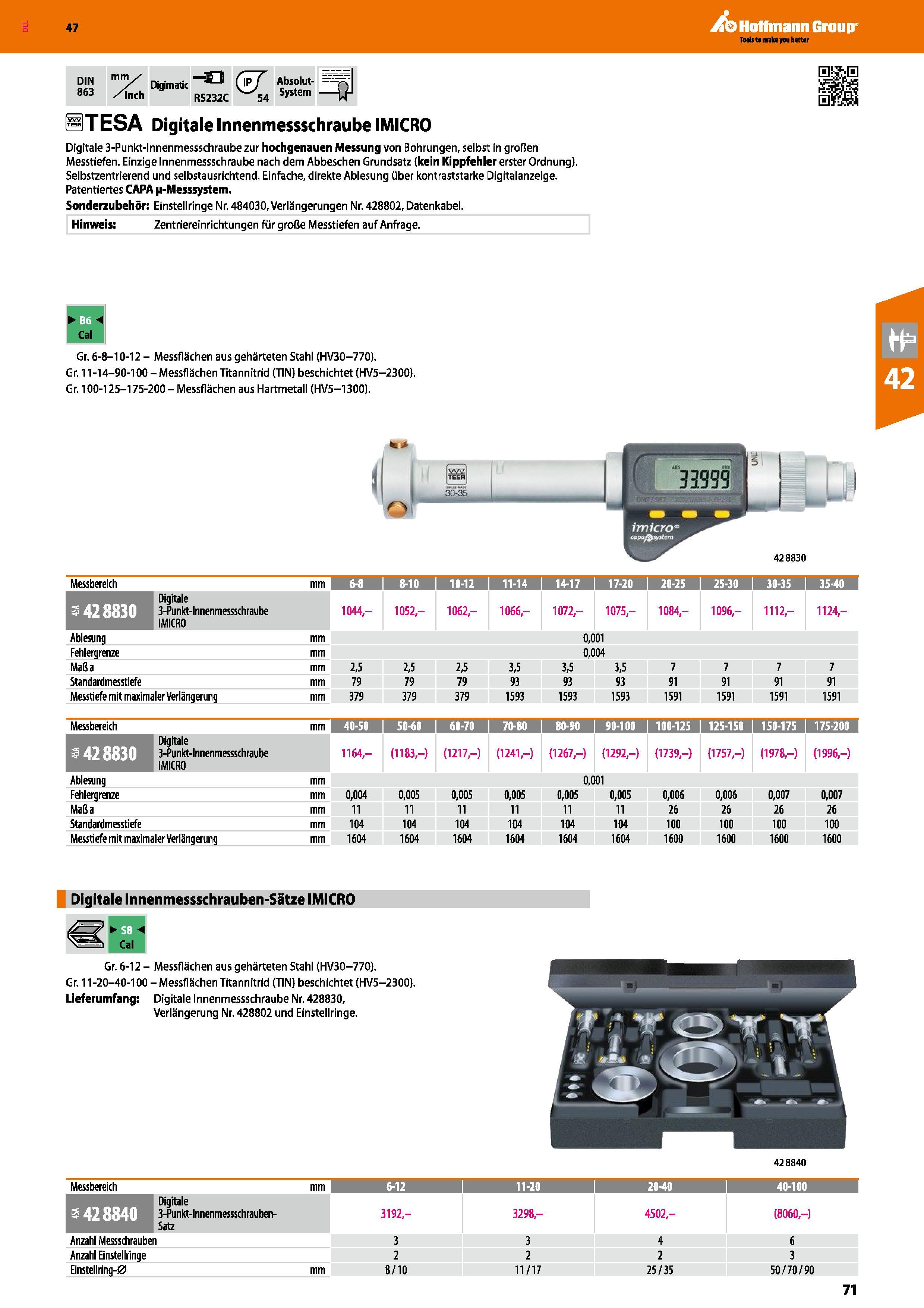 71 DIN 863 mm / l / Dkpmatic /Inch RS232C (57 54 Absolut- r System STESA Digitale Innenmessschraube IMICRO Digitale 3-Punkt-lnnenmessschraube zur ho Каталог HOFFMANN GROUP 2016 Ручной слесарно-монтажный и контрольно-измерительный инструмент и приборы для предприятий машиностроения и мастерских сервисного обслуживания 47 версия издания Стр. 71 DEU