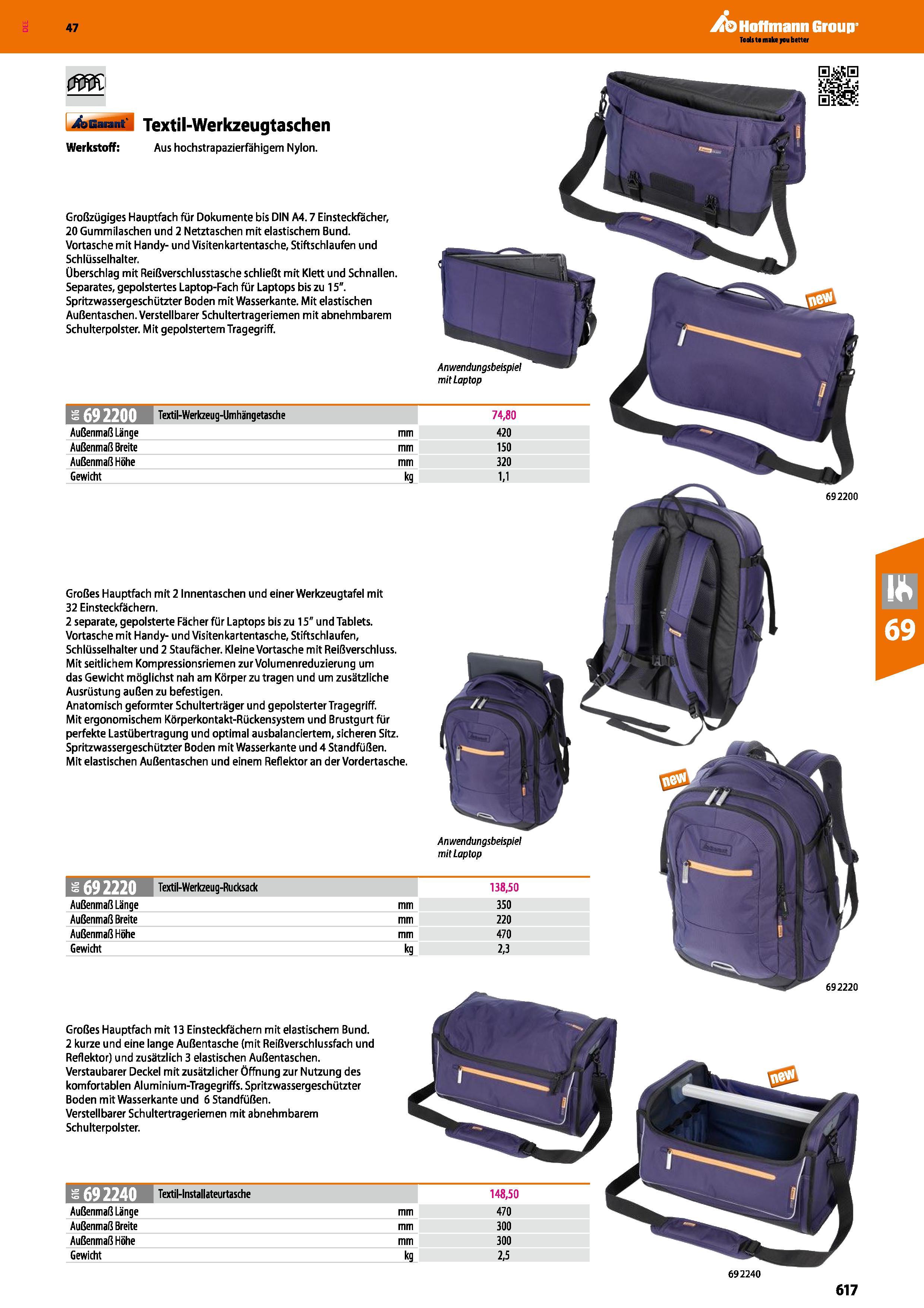 617 Garant Textil-Werkzeugtaschen Werkstoff Aus hochstrapazierfähigem Nylon Großzügiges Hauptfach für Dokumente bis DIN A4 7 Einsteckfächer, 20 Gummi Каталог HOFFMANN GROUP 2016 Ручной слесарно-монтажный и контрольно-измерительный инструмент и приборы для предприятий машиностроения и мастерских сервисного обслуживания 47 версия издания Стр. 617 DEU