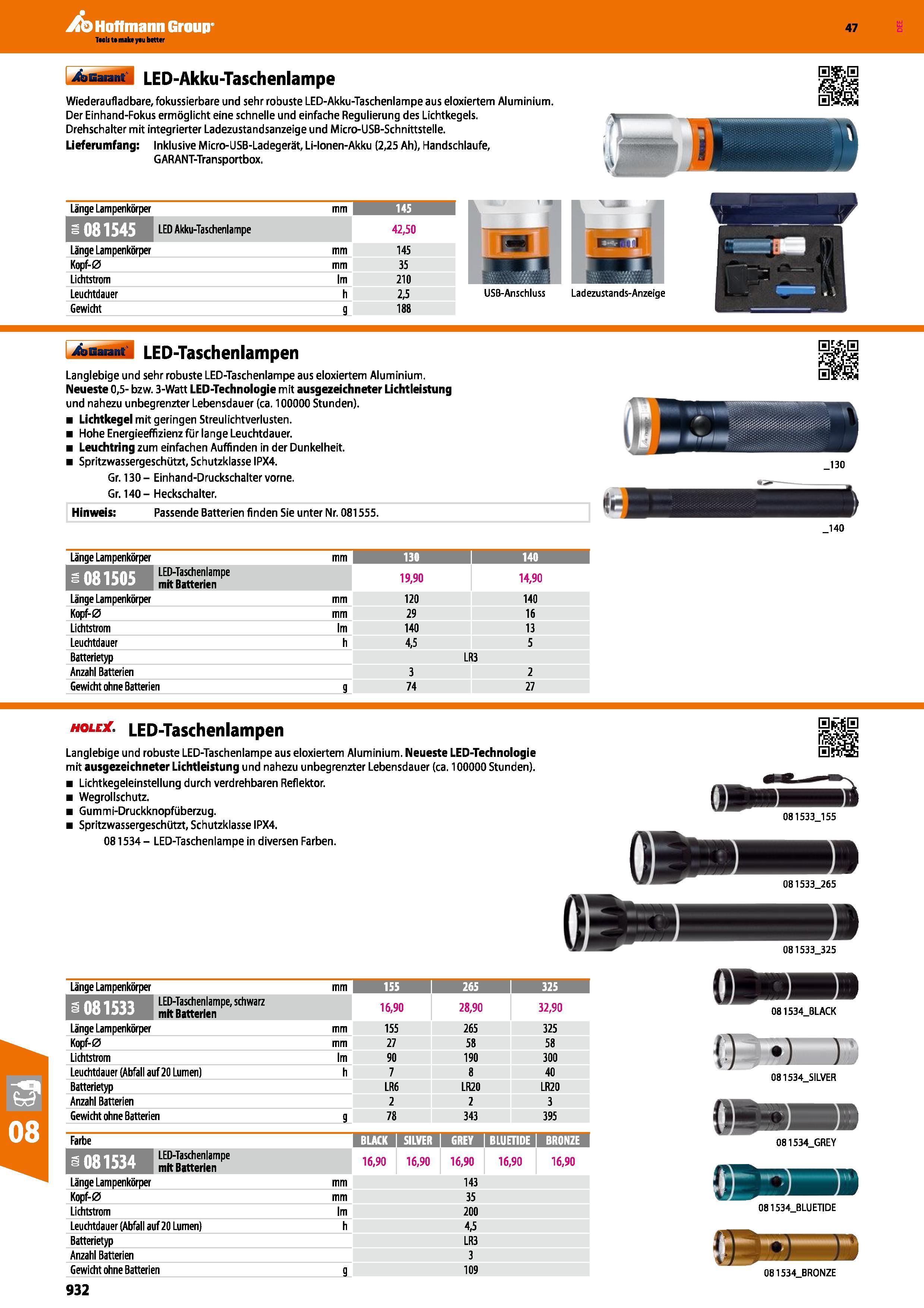 932 LED-Akku-Taschenlampe Wiederaufladbare, fokussierbare und sehr robuste LED-Akku-Taschenlampe aus eloxiertem Aluminium Der Einhand-Fokus ermöglich Каталог HOFFMANN GROUP 2016 Ручной слесарно-монтажный и контрольно-измерительный инструмент и приборы для предприятий машиностроения и мастерских сервисного обслуживания 47 версия издания Стр. 932 DEU