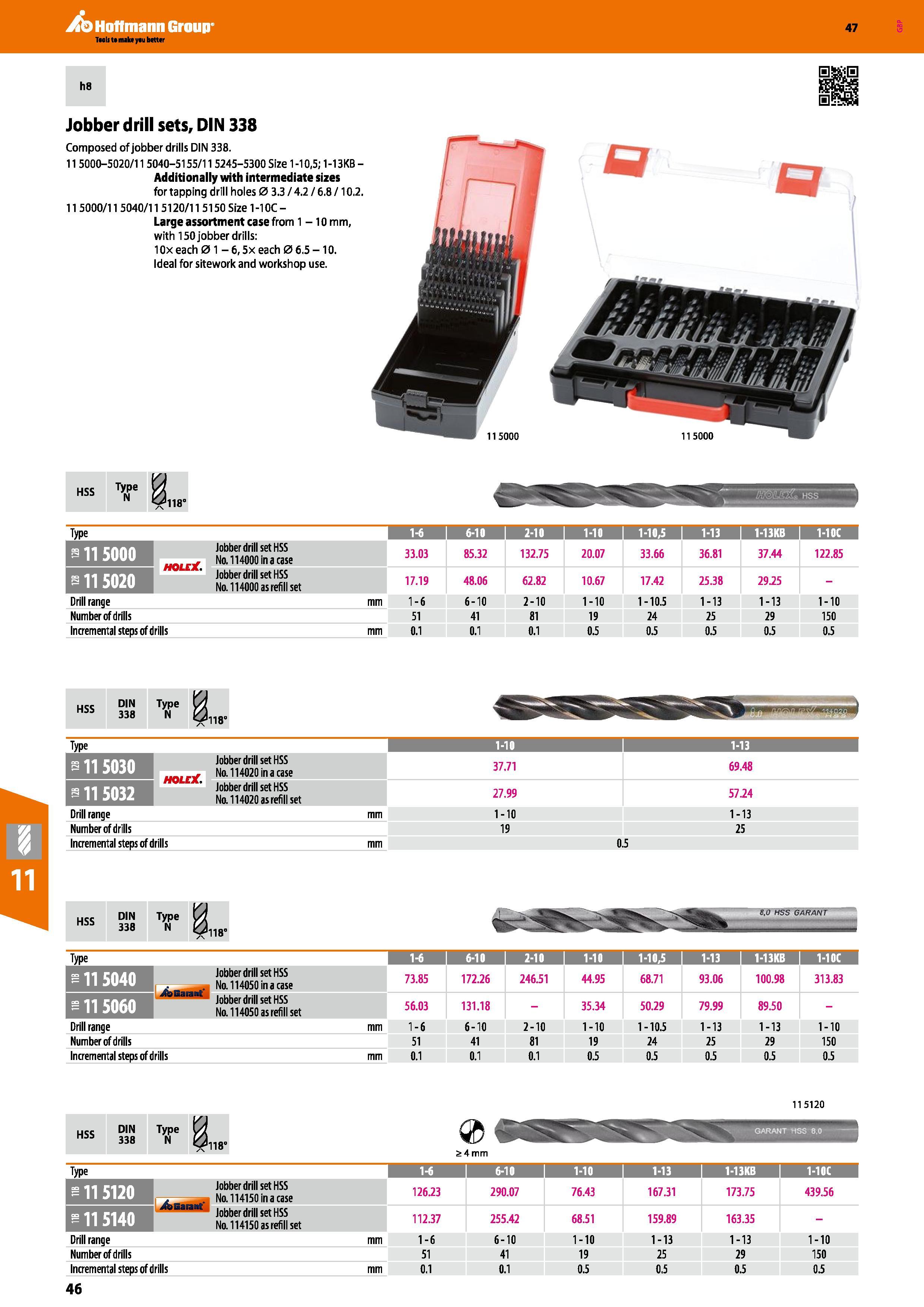 46 Hoffmann Group 47 h8 Jobber drill sets, DIN 338 Composed of jobber drills DIN 338 11 5000-5020/11 5040-5155/11 5245-5300 Size 1 -10,5; 1-13KB -Ad Каталог HOFFMANN GROUP 2016 Станочный режущий и вспомогательный инструмент для металлорежущих универсальных станков центров и комплексов с ЧПУ Версия 47 Стр. 46