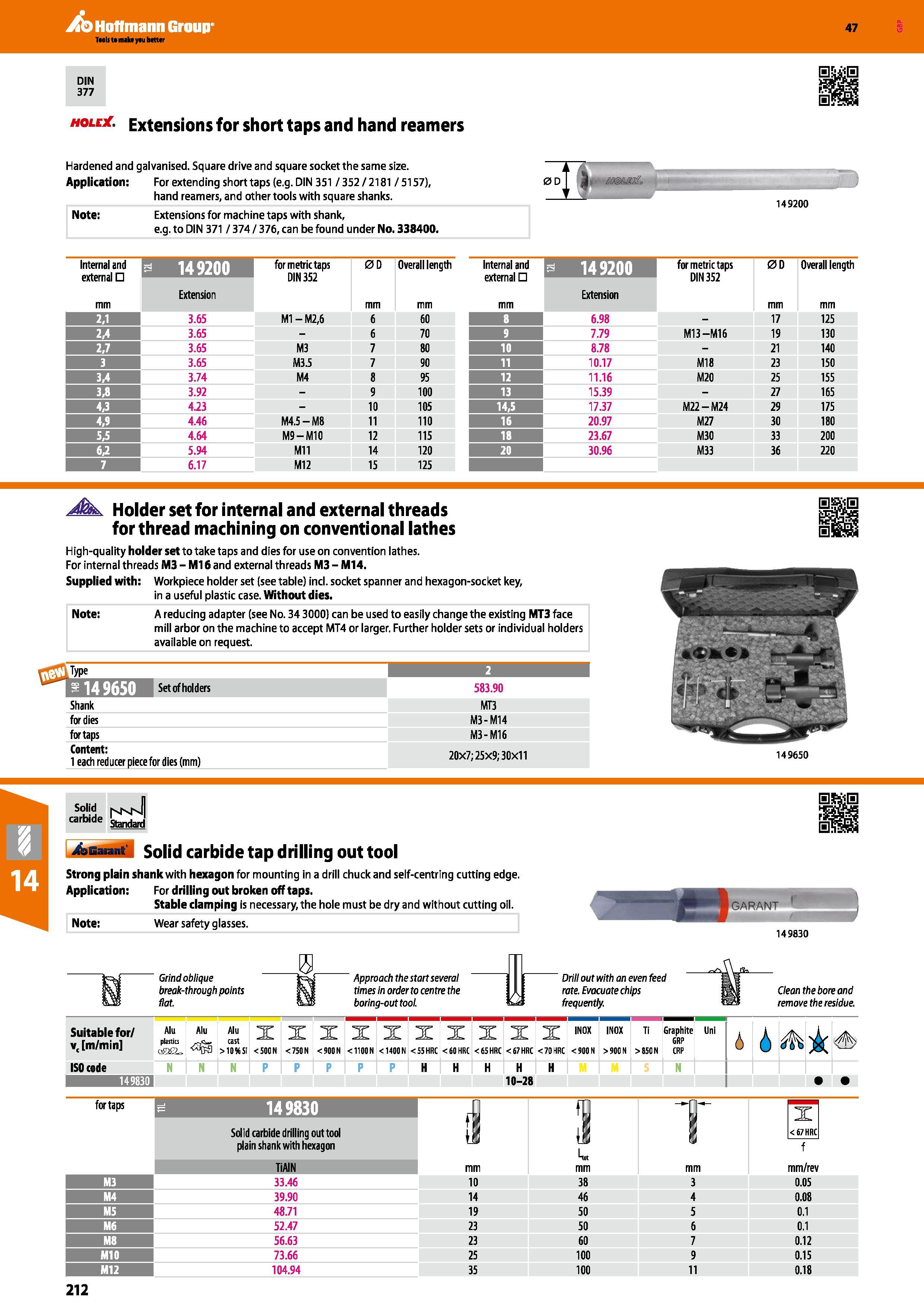 212 Hoffmann Group 47 DIN 377 holex Extensions for short taps and hand reamers Hardened and galvanised Square drive and square socket the same size A Каталог HOFFMANN GROUP 2016 Станочный режущий и вспомогательный инструмент для металлорежущих универсальных станков центров и комплексов с ЧПУ Версия 47 Стр. 212