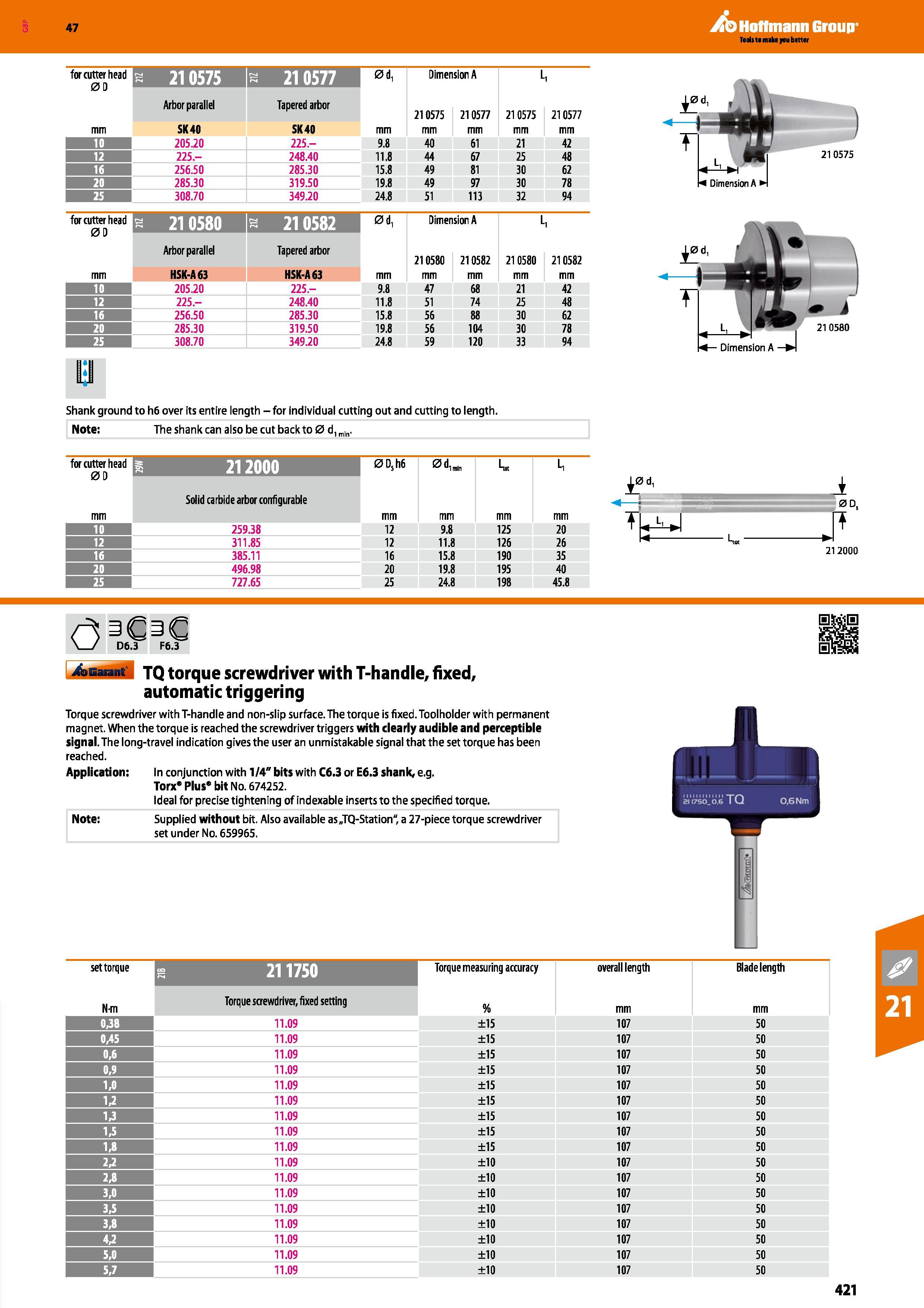 421 Hoffmann Group 47 Tools to make you better for cutter head 0D a 210575 a 210577 0d, Dimension A L i Arbor parallel Tapered arbor 210575 21 0577 2 Каталог HOFFMANN GROUP 2016 Станочный режущий и вспомогательный инструмент для металлорежущих универсальных станков центров и комплексов с ЧПУ Версия 47 Стр. 421