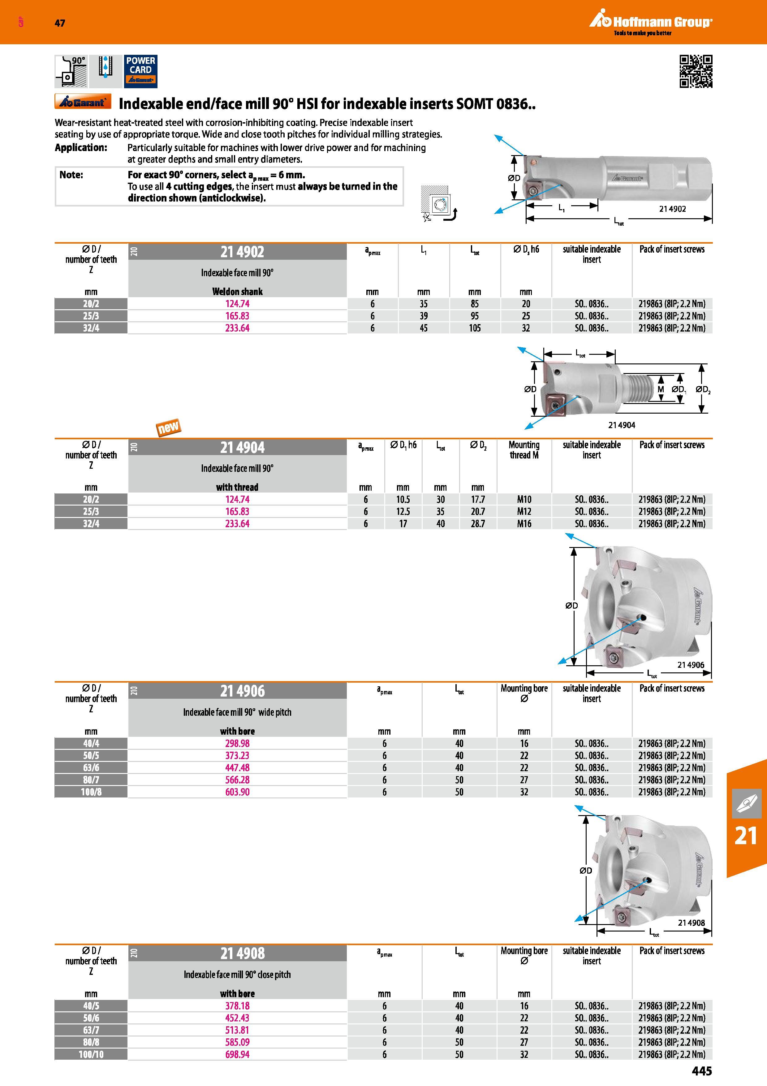 445 bGaiant indexable end/face mill 90° HSI for indexable inserts SOMT 0836 Wear-resistant heat-treated steel with corrosion-inhibiting coating Preci Каталог HOFFMANN GROUP 2016 Станочный режущий и вспомогательный инструмент для металлорежущих универсальных станков центров и комплексов с ЧПУ Версия 47 Стр. 445