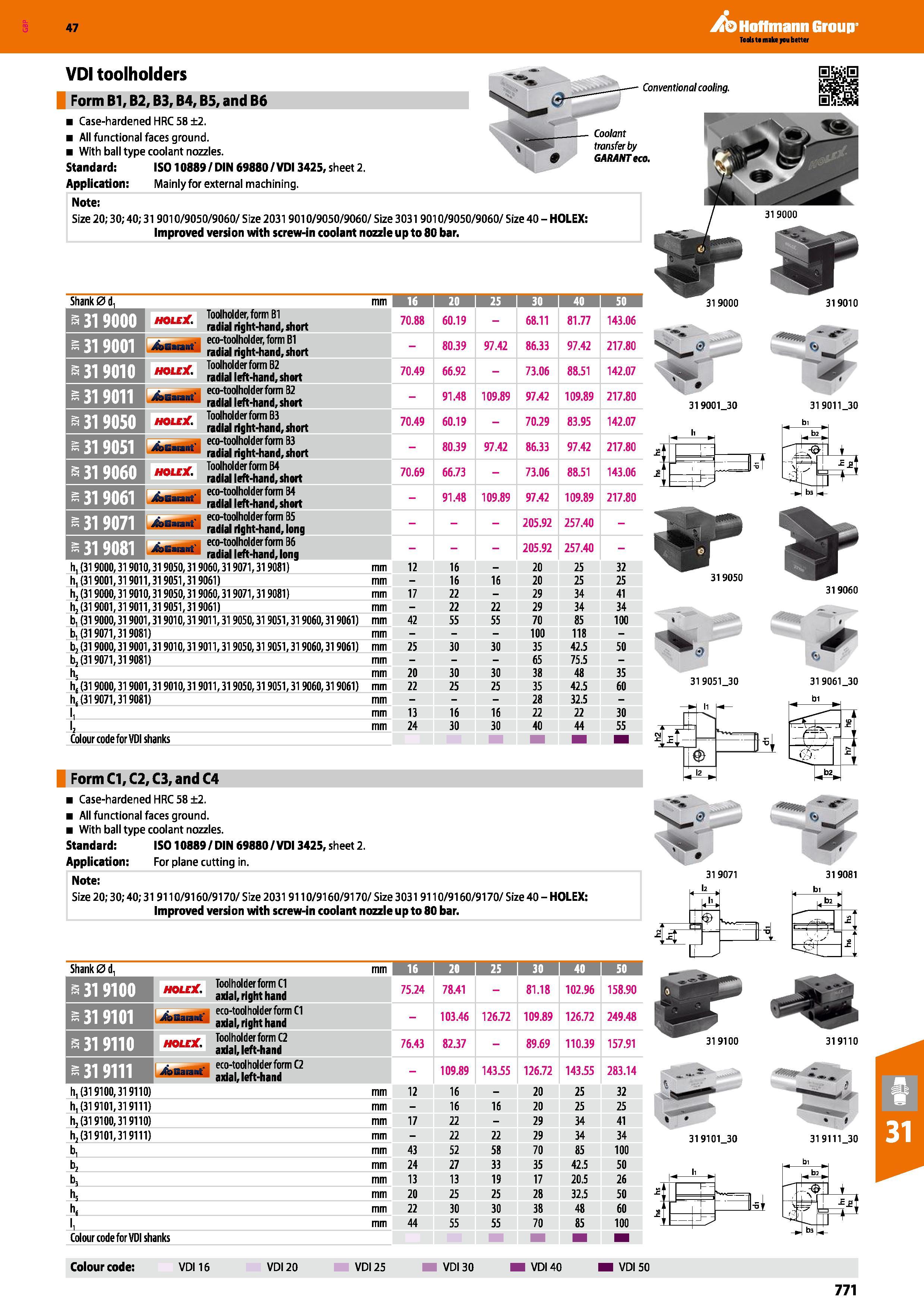 771 Hoffmann Group 47 VDI toolholders Form B1, B2, B3, B4, B5, and B6 Case-hardened HRC 58 ±2 All functional faces ground With ball type coolant nozz Каталог HOFFMANN GROUP 2016 Станочный режущий и вспомогательный инструмент для металлорежущих универсальных станков центров и комплексов с ЧПУ Версия 47 Стр. 771