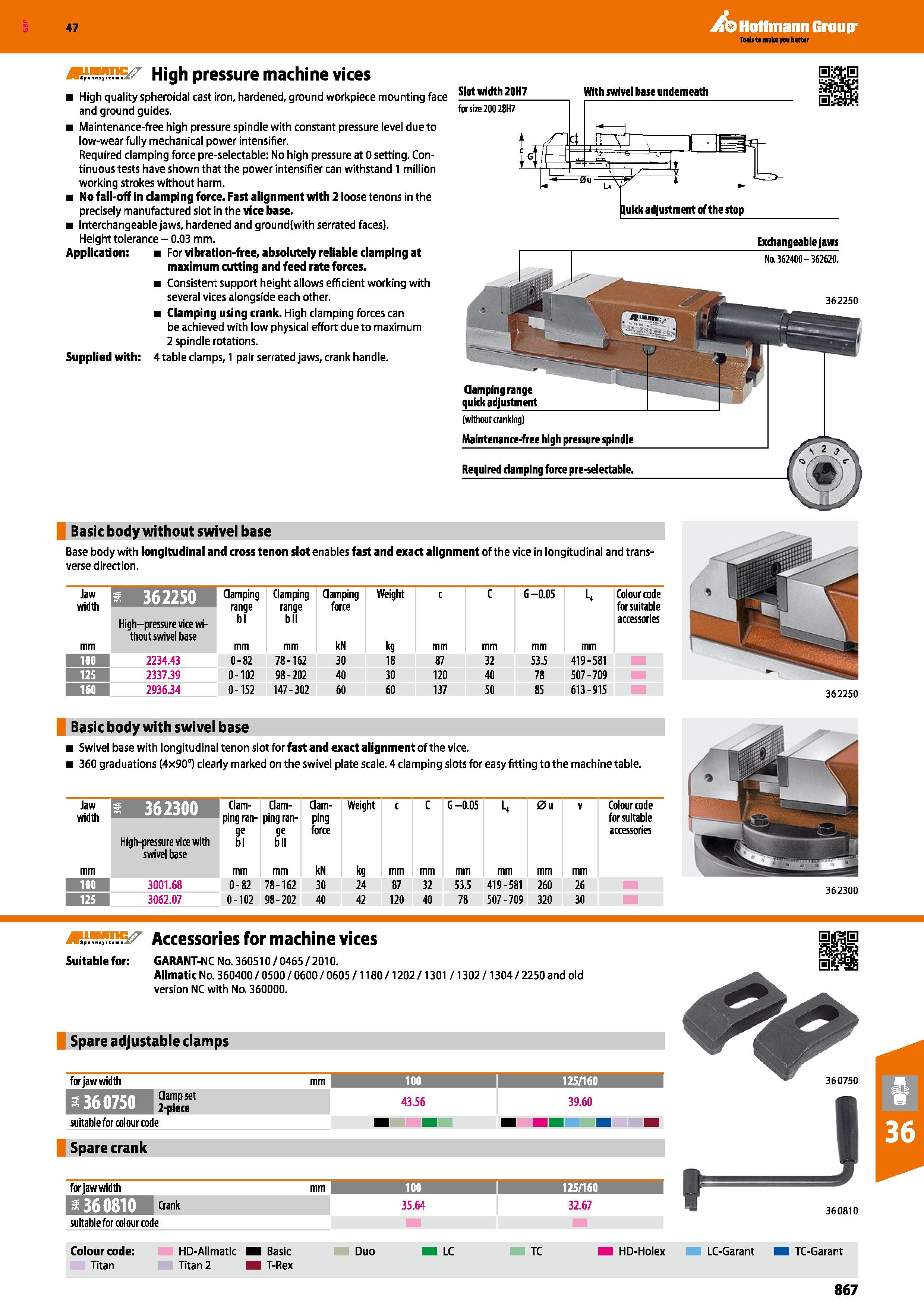 867 Hoffmann Group High pressure machine vices High quality spheroidal cast iron, hardened, ground workpiece mounting face and ground guides Maintena Каталог HOFFMANN GROUP 2016 Станочный режущий и вспомогательный инструмент для металлорежущих универсальных станков центров и комплексов с ЧПУ Версия 47 Стр. 867