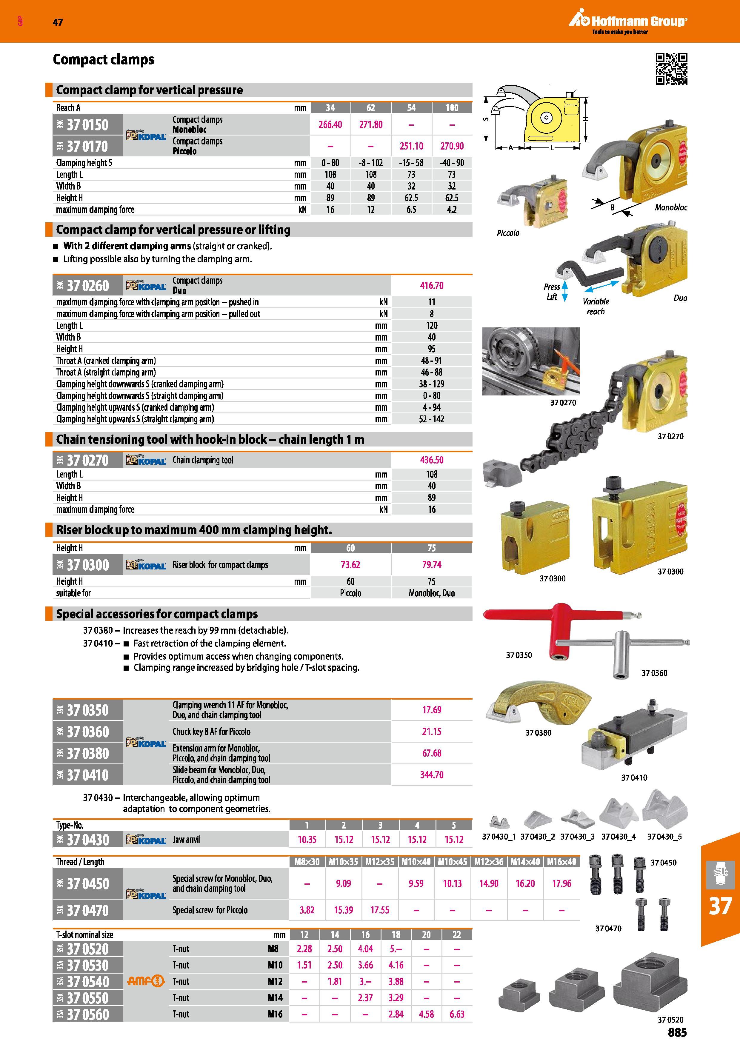 885 Compact clamps Compact damp for vertical pressure Reach A mm 34 1 2 1 54 I no 370150 Skoml Compact clamps Monobloc 266 40 271 80 370170 Compact c Каталог HOFFMANN GROUP 2016 Станочный режущий и вспомогательный инструмент для металлорежущих универсальных станков центров и комплексов с ЧПУ Версия 47 Стр. 885