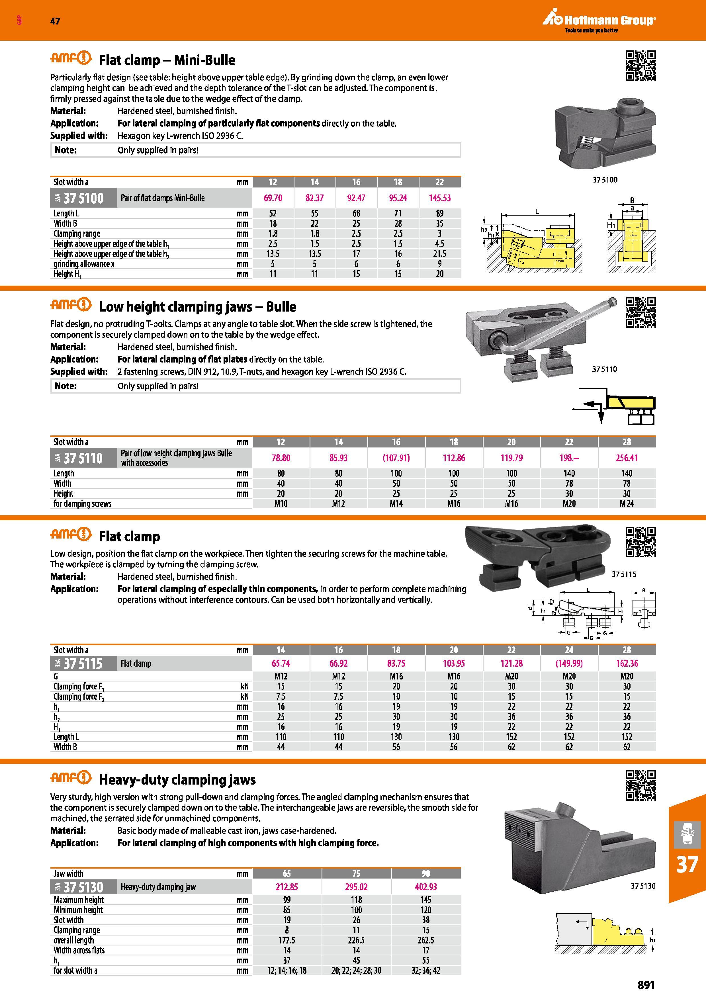 891 Flat clamp - Mini-Bulle Particularly flat design (see table: height above upper table edge) By grinding down the clamp, an even lower clamping he Каталог HOFFMANN GROUP 2016 Станочный режущий и вспомогательный инструмент для металлорежущих универсальных станков центров и комплексов с ЧПУ Версия 47 Стр. 891