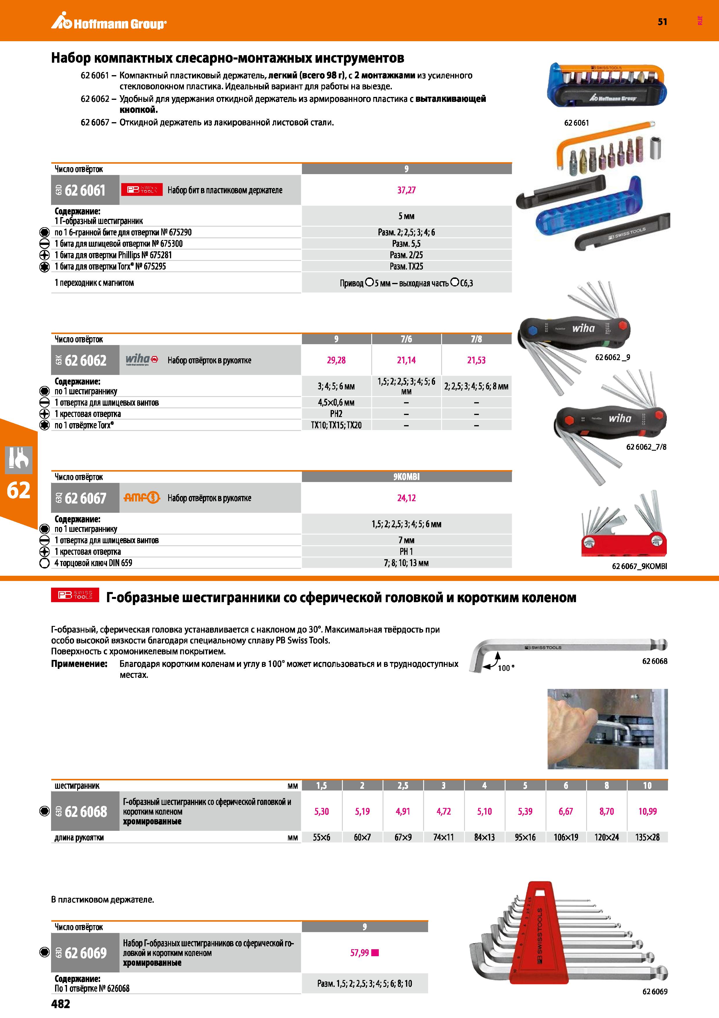 482 Hoffmann Group 51 Набор компактных слесарно-монтажных инструментов 62 6061 - Компактный пластиковый держатель, легкий (всего 98 г), с 2 монтажкам Каталог HOFFMANN GROUP 2020 Измерительный и ручной инструмент Инвентарь Абразивы Шлифовальные и отрезные круги Электроинструмент Пневмоинструмент Штангенциркули Стр. 482