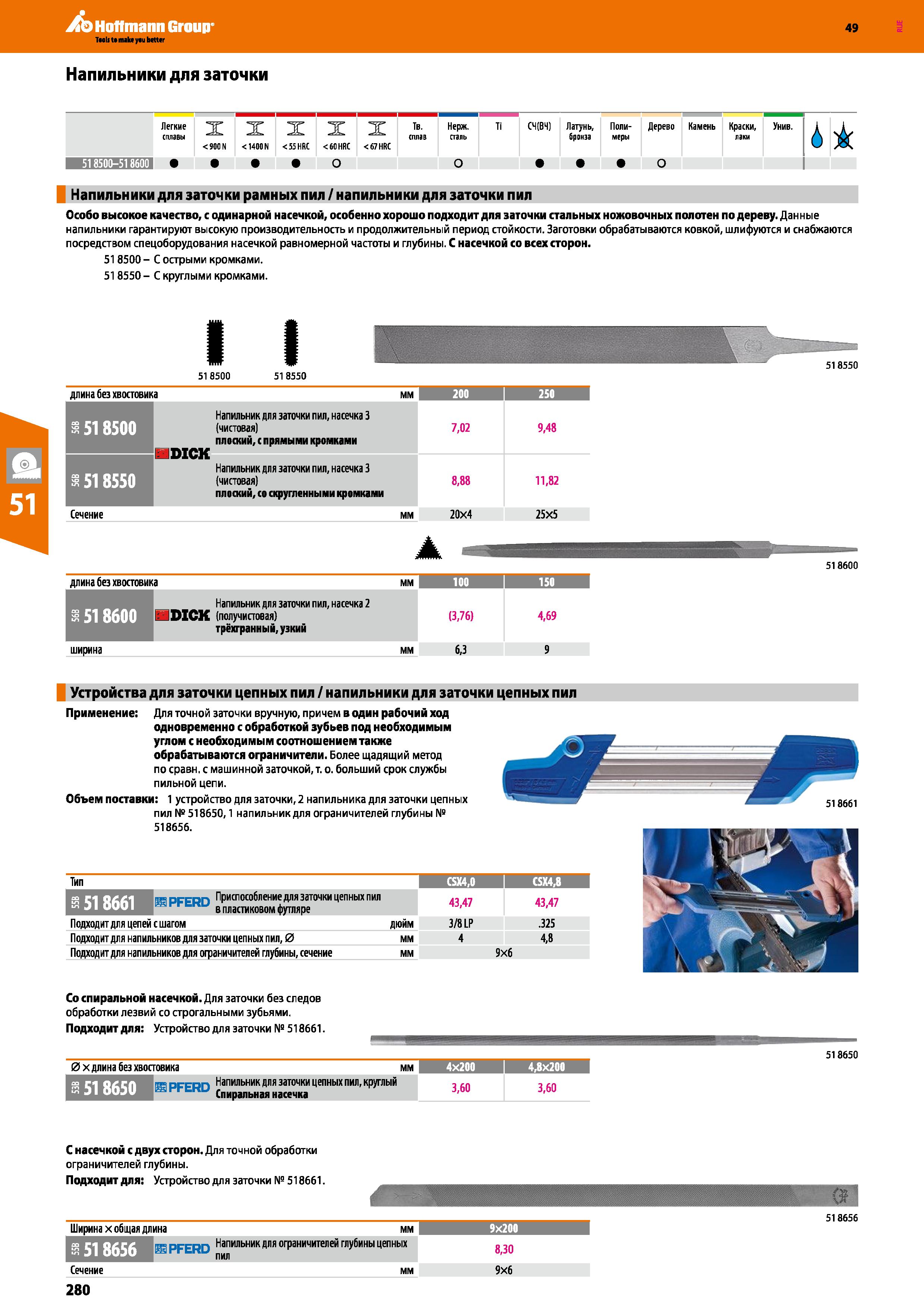 280 Напильники для заточки Легкие сплавы X <900 N X <1400 N X <55 HRC X < 60 HRC X Тв- сплав < 67 HRC Нержавеющая сталь Ti СН(ВН) Латунь, бронза Каталог HOFFMANN GROUP 2018 Инструмент ручной Слесарный и механизированный Измерительные приборы и инструменты Производственный инвентарь Стр. 280