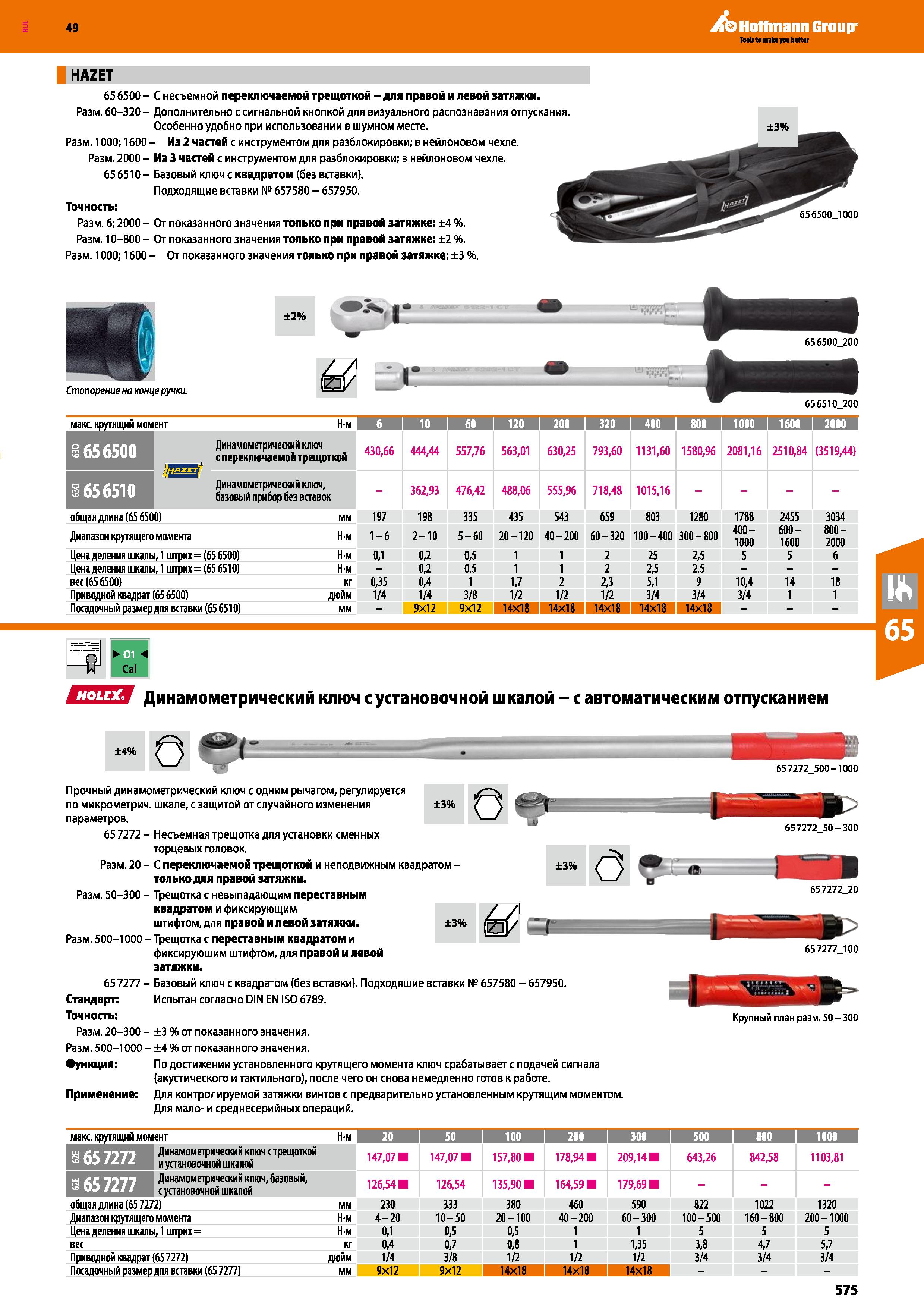 575 HAZET 656500-Разм 60-320 - Разм 1000; 1600 Разм 2000 -656510- Точность: Разм 6; 2000 -Разм 10—800 — Разм 1000; 1600 С несъемной переключаемо Каталог HOFFMANN GROUP 2018 Инструмент ручной Слесарный и механизированный Измерительные приборы и инструменты Производственный инвентарь Стр. 575