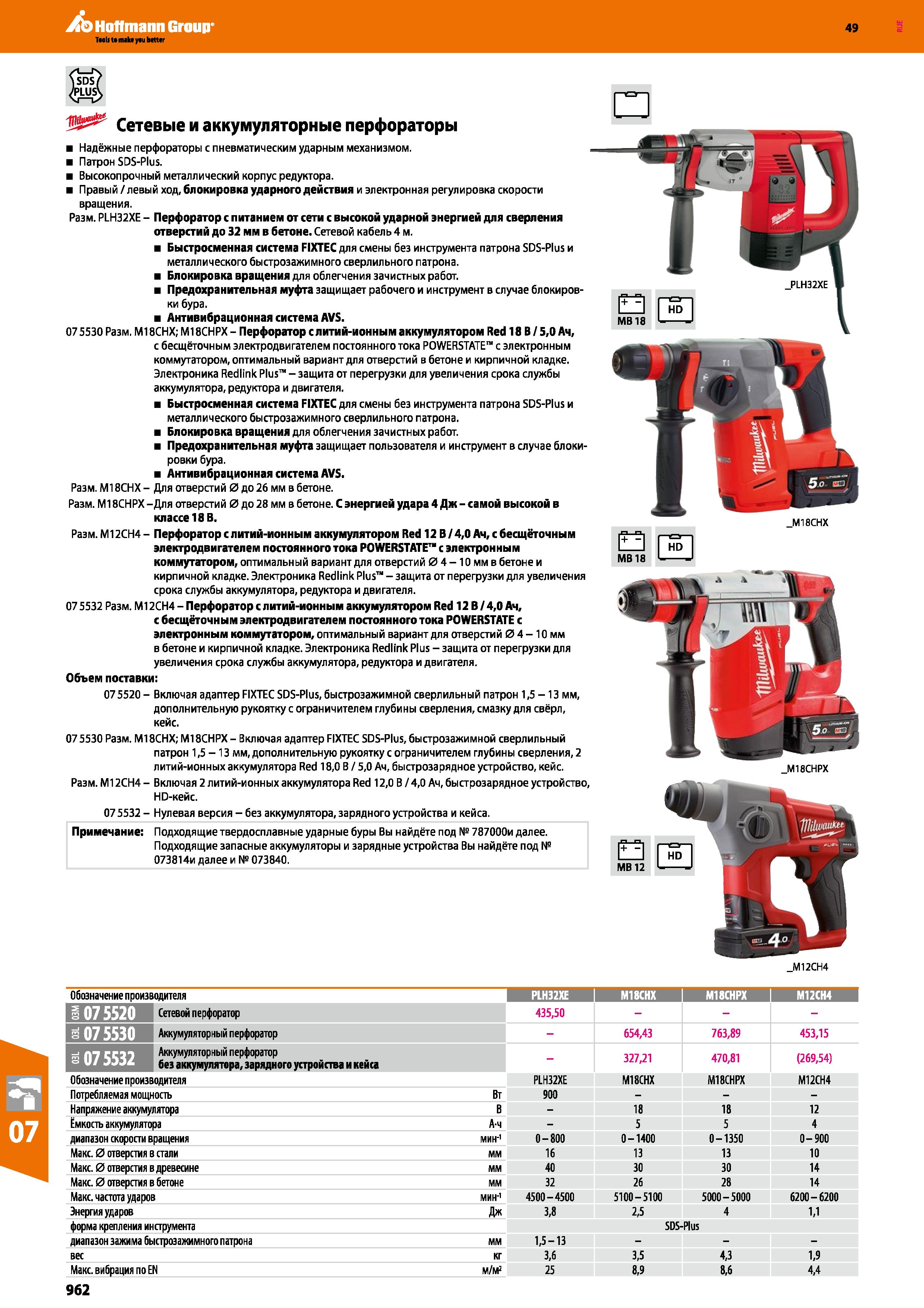 962 Перфоратор Милуоки с литий-ионным аккумулятором Red 18 В 5,0 Ач, с бесщёточным электродвигателем постоянного тока Каталог HOFFMANN GROUP 2018 Инструмент ручной Слесарный и механизированный Измерительные приборы и инструменты Производственный инвентарь Стр. 962