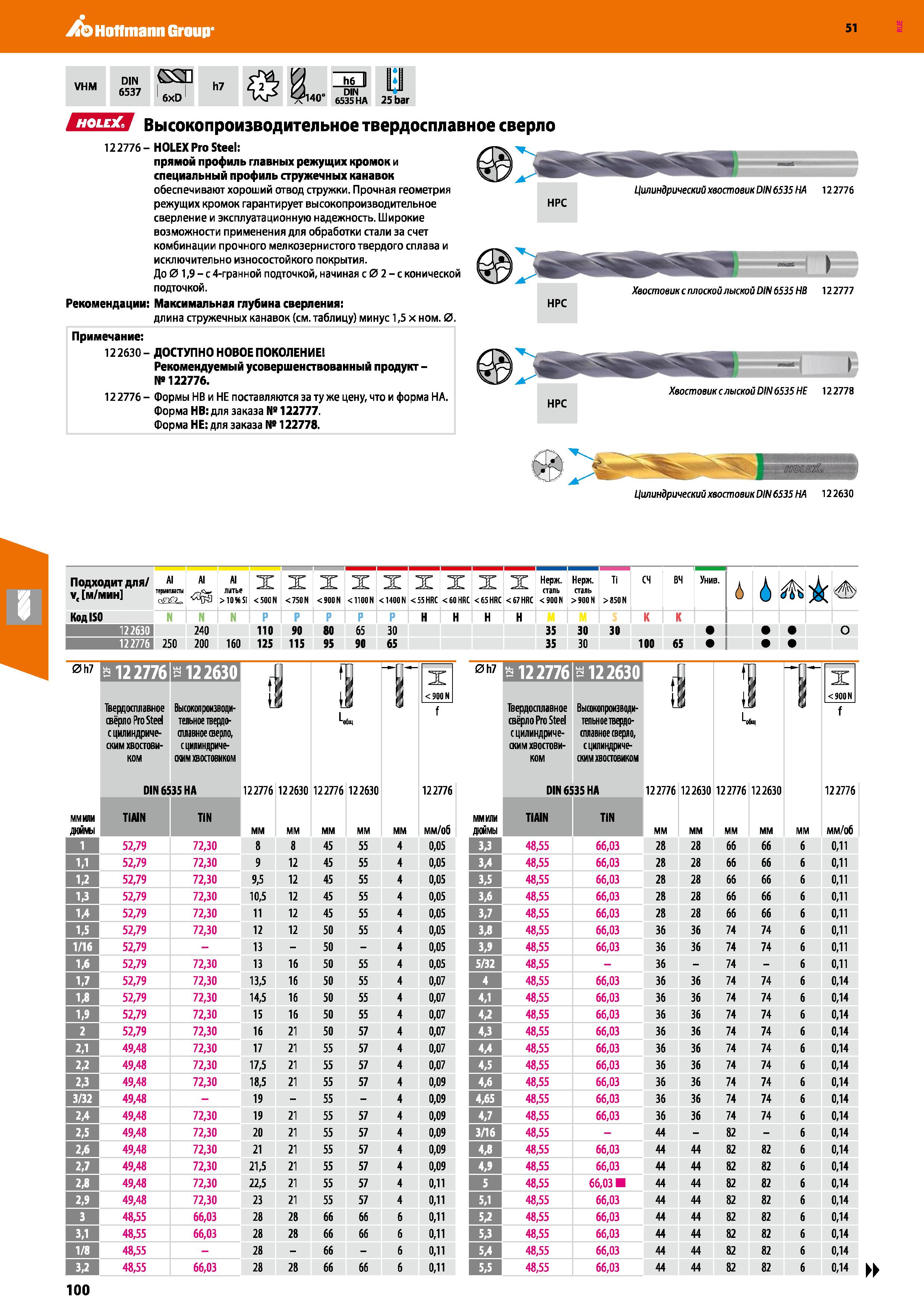 100 Hoffmann Group 51 VHM DIN (SSH 6537 6xD h7 ЙП DIN f140 6535 HA 25 bar HPC ЕПШЯ Высокопроизводительное твердосплавное сверло 122776- HOLEX Pro Ste Каталог HOFFMANN GROUP 2020 Режущий и вспомогательный инструмент для металлорежущих станков с ЧПУ и универсальных Сверла Фрезы Метчики Резцы Развертки Оснастка инструментальная Стр. 100
