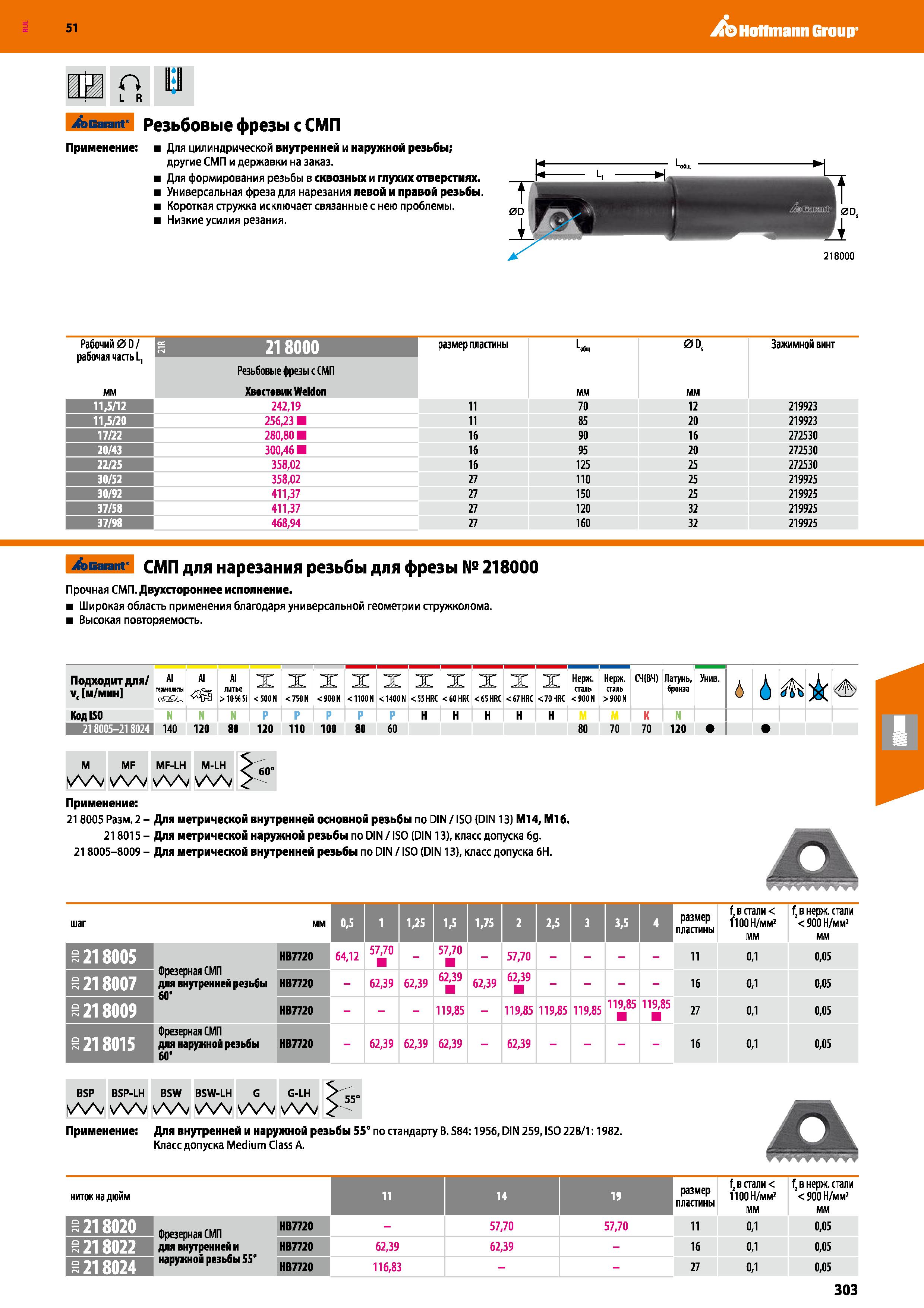 303 Hoffmann Group 51 о L R Sscarant' Резьбовые фрезы с СМП Применение Для цилиндрической внутренней и наружной резьбы; другие СМП и державки на зака Каталог HOFFMANN GROUP 2020 Режущий и вспомогательный инструмент для металлорежущих станков с ЧПУ и универсальных Сверла Фрезы Метчики Резцы Развертки Оснастка инструментальная Стр. 303
