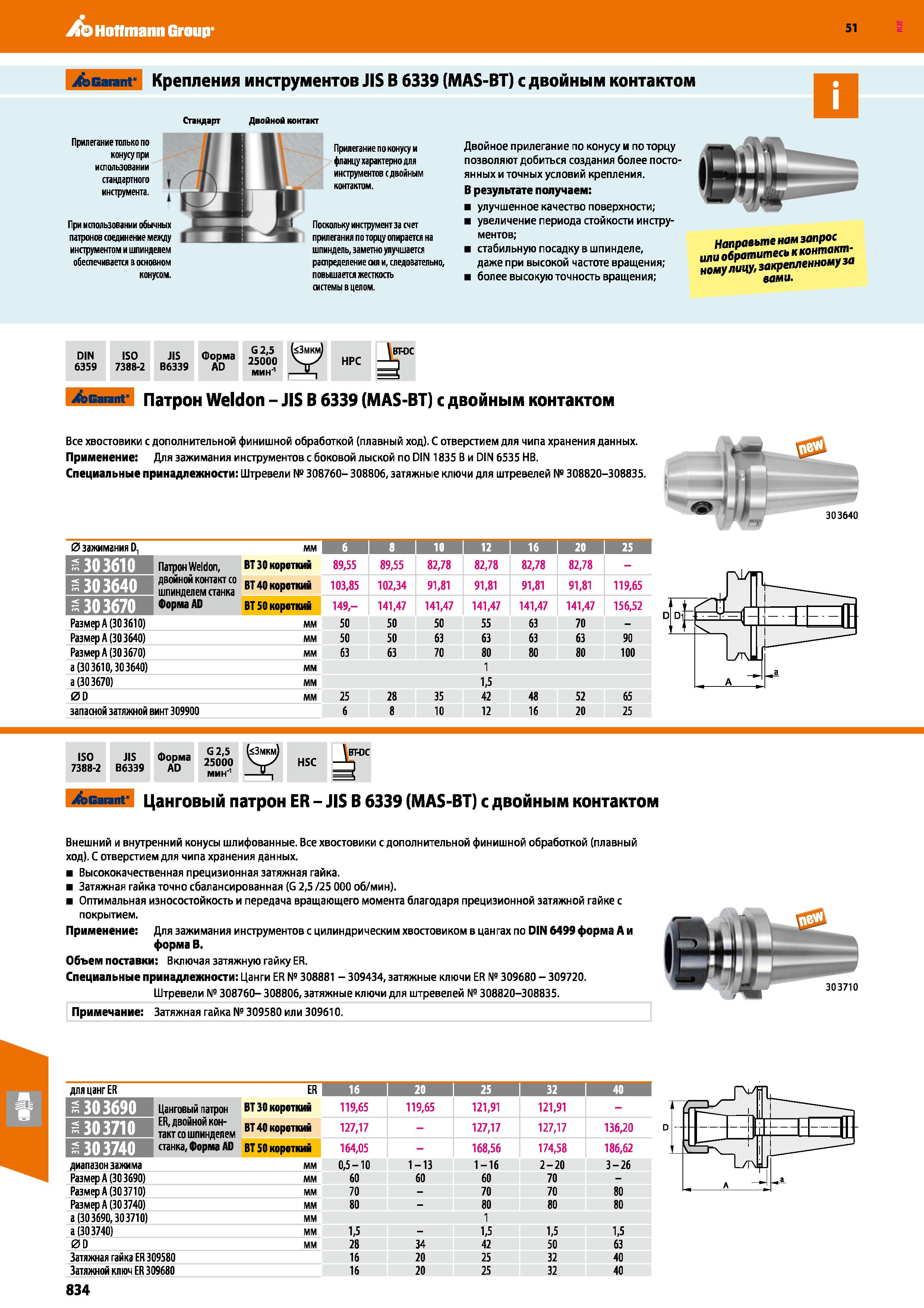 834 Hoffmann Group 51 jfbGarant Крепления инструментов JIS В 6339 (MAS-BT) с двойным контактом Стандарт Двойной контакт Двойное прилегание по конусу Каталог HOFFMANN GROUP 2020 Режущий и вспомогательный инструмент для металлорежущих станков с ЧПУ и универсальных Сверла Фрезы Метчики Резцы Развертки Оснастка инструментальная Стр. 834