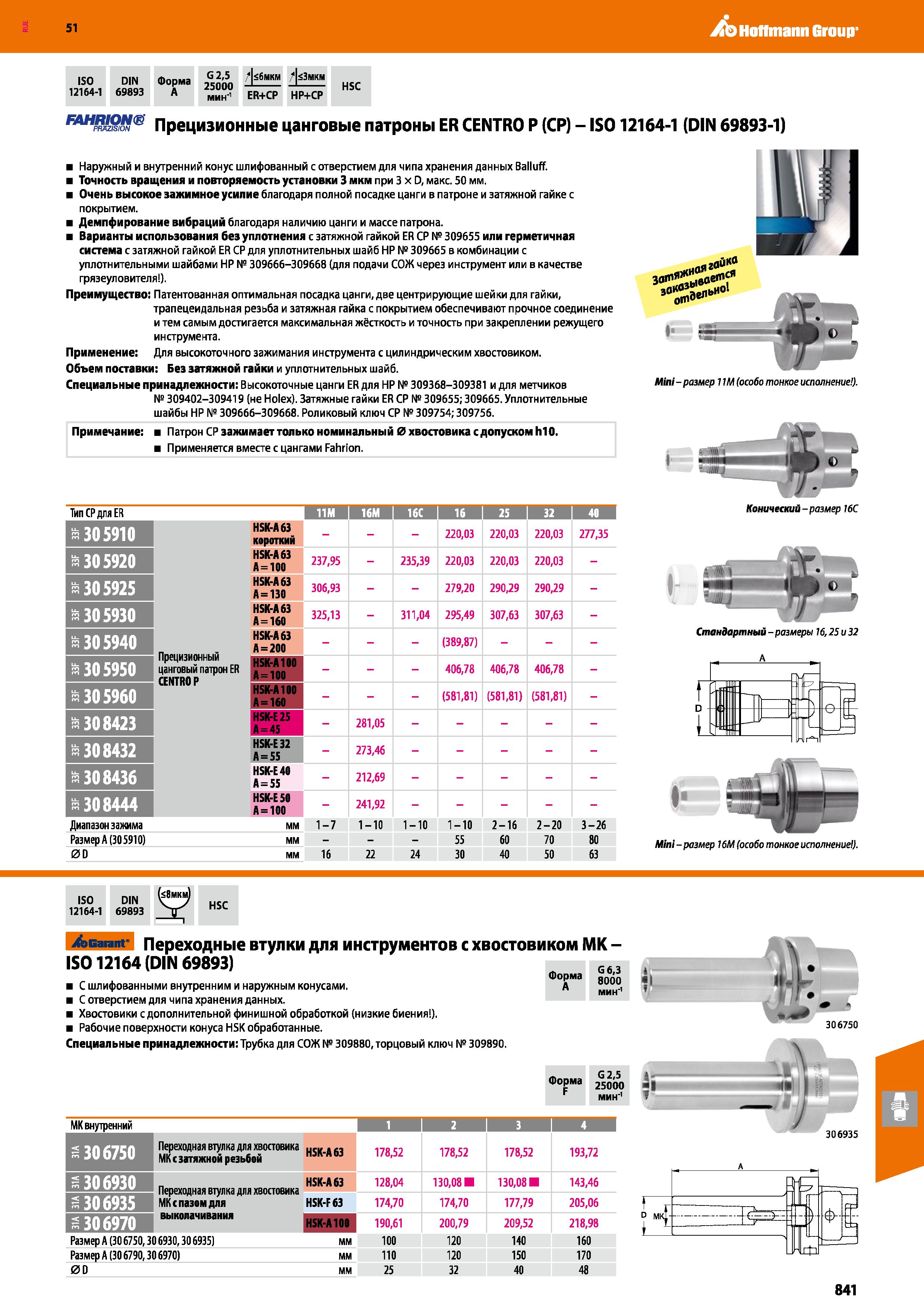 841 Hoffmann Group 51 ISO DIN 12164-1 69893 Форма A G 2,5 25000 6мкм аЗмкм ER+CP HP+CP HSC Прецизионные цанговые патроны ER CENTRO P (CP) - IS012164- Каталог HOFFMANN GROUP 2020 Режущий и вспомогательный инструмент для металлорежущих станков с ЧПУ и универсальных Сверла Фрезы Метчики Резцы Развертки Оснастка инструментальная Стр. 841