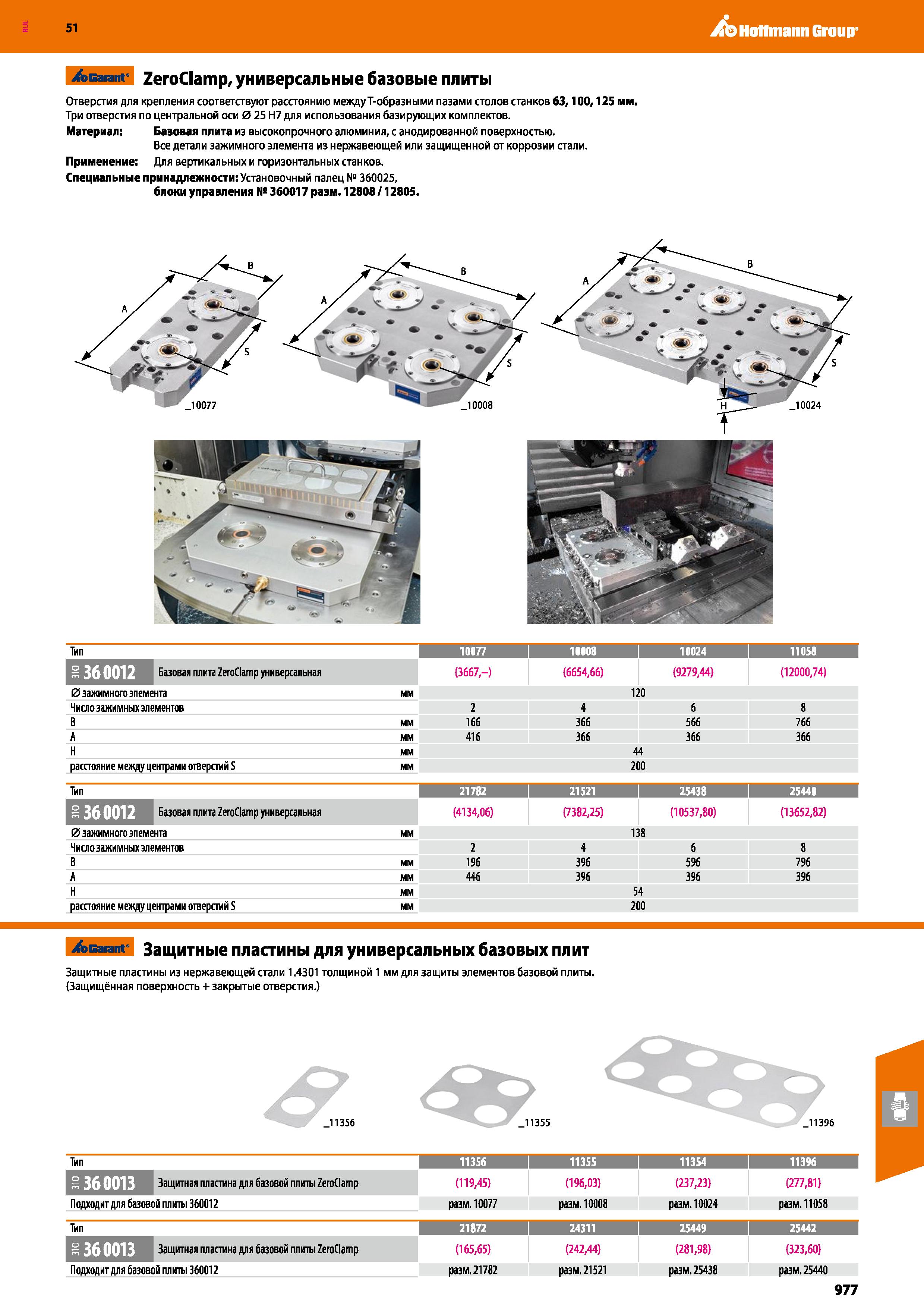 977 Hoffmann Group 51 /scarant ZeroClamp, универсальные базовые плиты Отверстия для крепления соответствуют расстоянию между Т-образными пазами столо Каталог HOFFMANN GROUP 2020 Режущий и вспомогательный инструмент для металлорежущих станков с ЧПУ и универсальных Сверла Фрезы Метчики Резцы Развертки Оснастка инструментальная Стр. 977