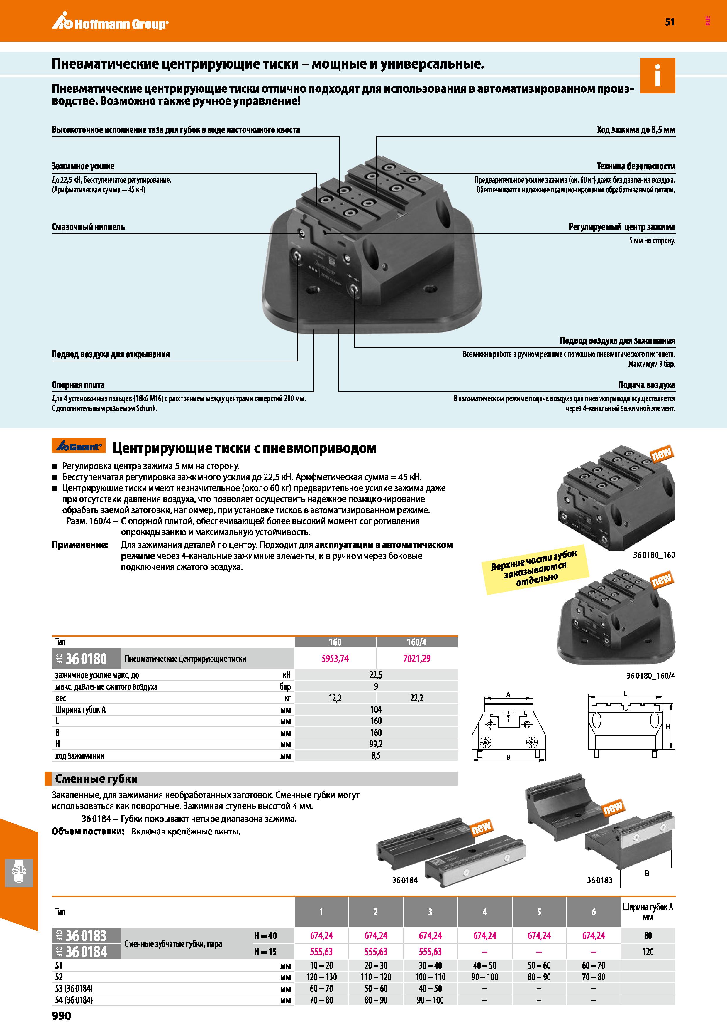 990 Hoffmann Group 51 Пневматические центрирующие тиски - мощные и универсальные Пневматические центрирующие тиски отлично подходят для использования Каталог HOFFMANN GROUP 2020 Режущий и вспомогательный инструмент для металлорежущих станков с ЧПУ и универсальных Сверла Фрезы Метчики Резцы Развертки Оснастка инструментальная Стр. 990