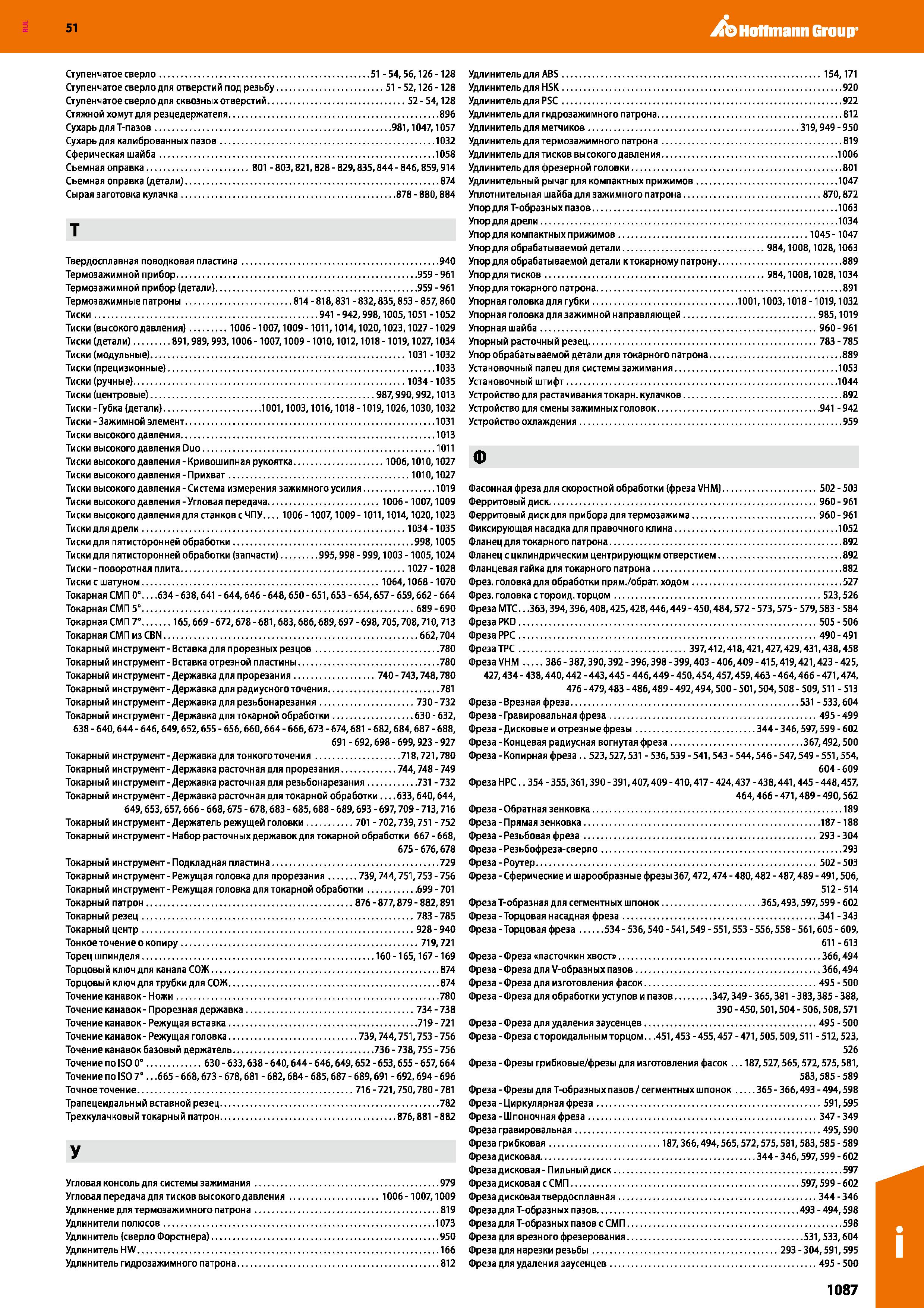 1087 Алфавит инструментов Ступенчатое сверло Сухарь Термозажимной прибор Тиски высокого давления Токарная СМП Упор для Т-образных пазов Каталог HOFFMANN GROUP 2020 Режущий и вспомогательный инструмент для металлорежущих станков с ЧПУ и универсальных Сверла Фрезы Метчики Резцы Развертки Оснастка инструментальная Стр. 1087