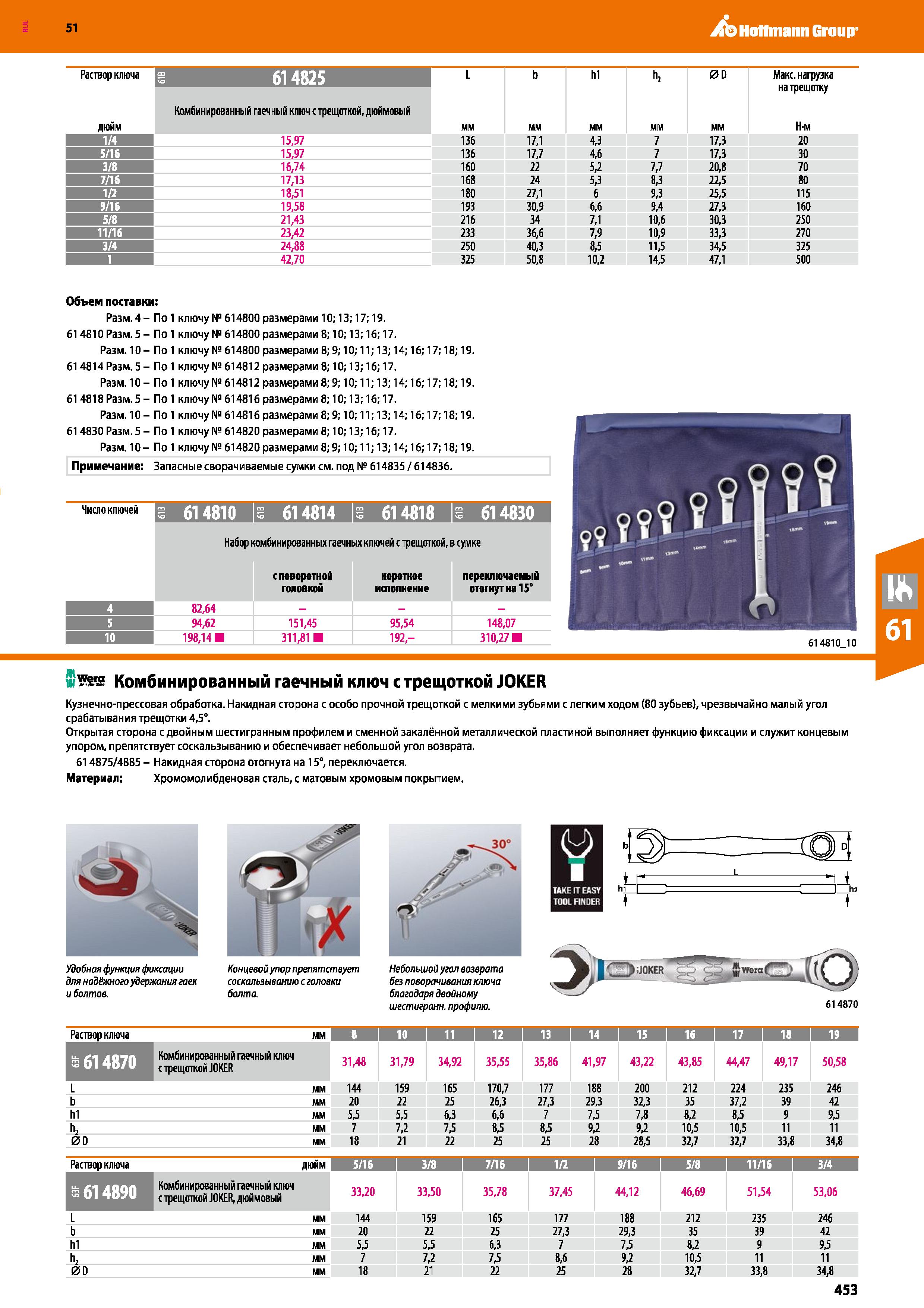 453 Hoffmann Group 51 Раствор ключа ё 614825 L b hi lb 0D Макс нагрузка на трещотку дюйм Комбинированный гаечный ключ с трещоткой, дюймовый мм мм мм Каталог HOFFMANN GROUP 2020 Измерительный и ручной инструмент Инвентарь Абразивы Шлифовальные и отрезные круги Электроинструмент Пневмоинструмент Штангенциркули Стр. 453