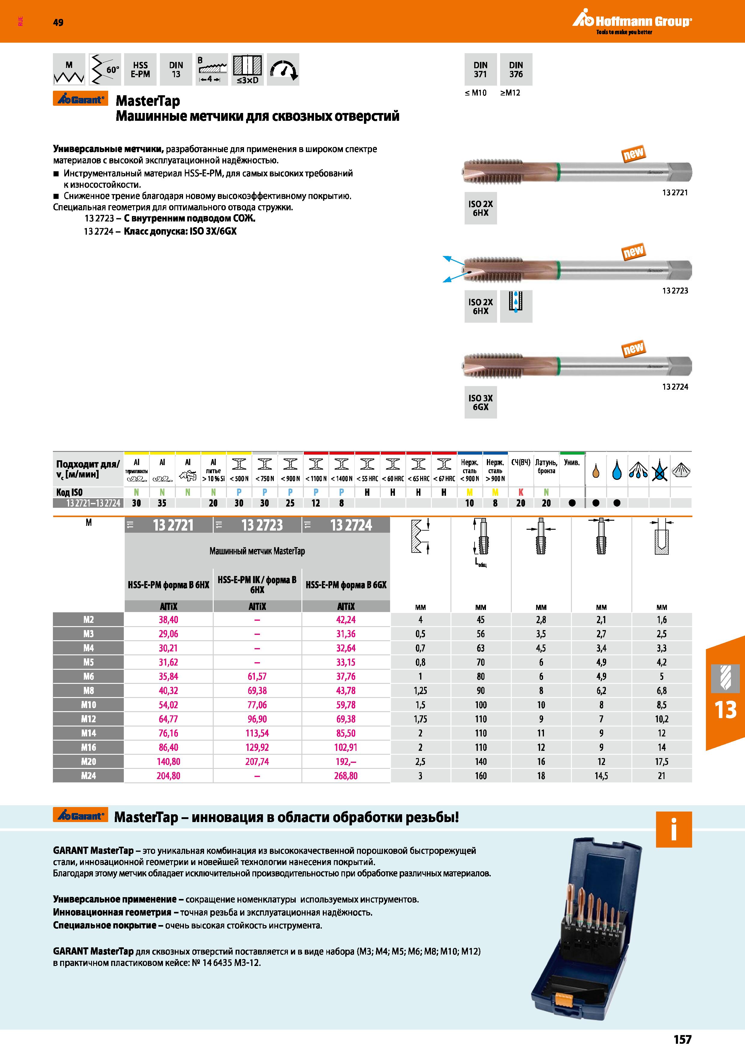 157 49 Hoffmann Group м и-4-i s3xD DIN DIN 371 376 b Garant MasterTap Машинные метчики для сквозных отверстий <М10 >М12 Универсальные мет Каталог HOFFMANN GROUP 2018 Профессиональный режущий и вспомогательный инструмент для промышленного оборудования Сверла Фрезы Метчики Державки Стр. 157
