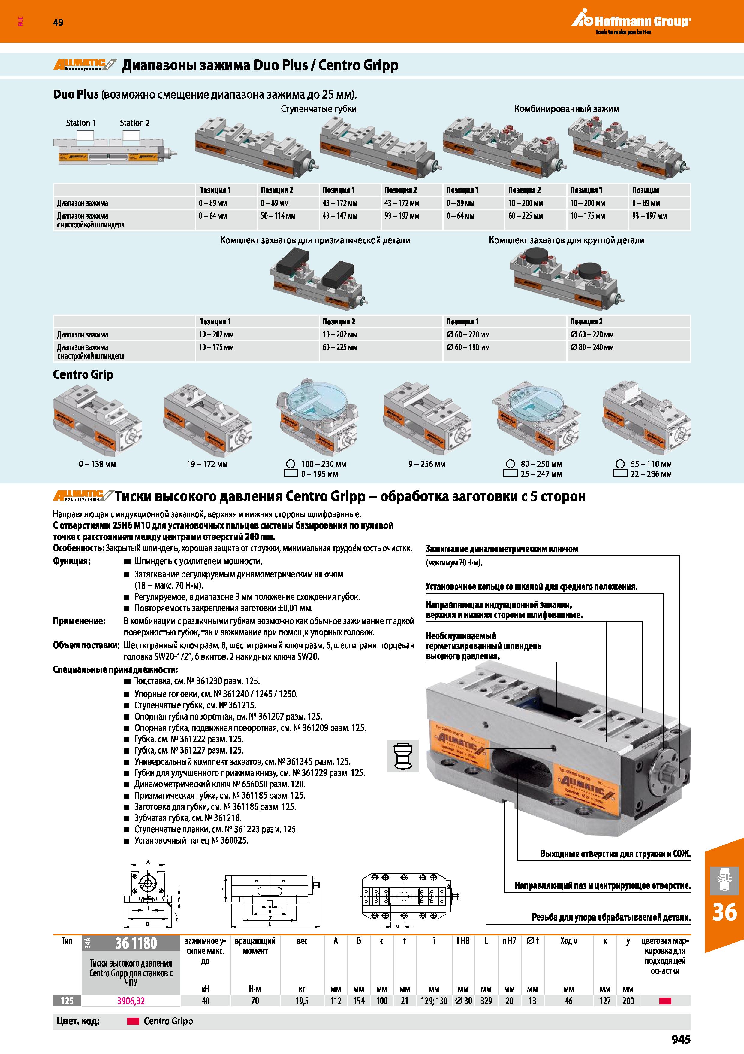 945 Hoffmann Group Диапазоны зажима Duo Plus Centro Gripp Duo Plus (возможно смещение диапазона зажима до 25 мм) Ступенчатые губки Statio Каталог HOFFMANN GROUP 2018 Профессиональный режущий и вспомогательный инструмент для промышленного оборудования Сверла Фрезы Метчики Державки Стр. 945
