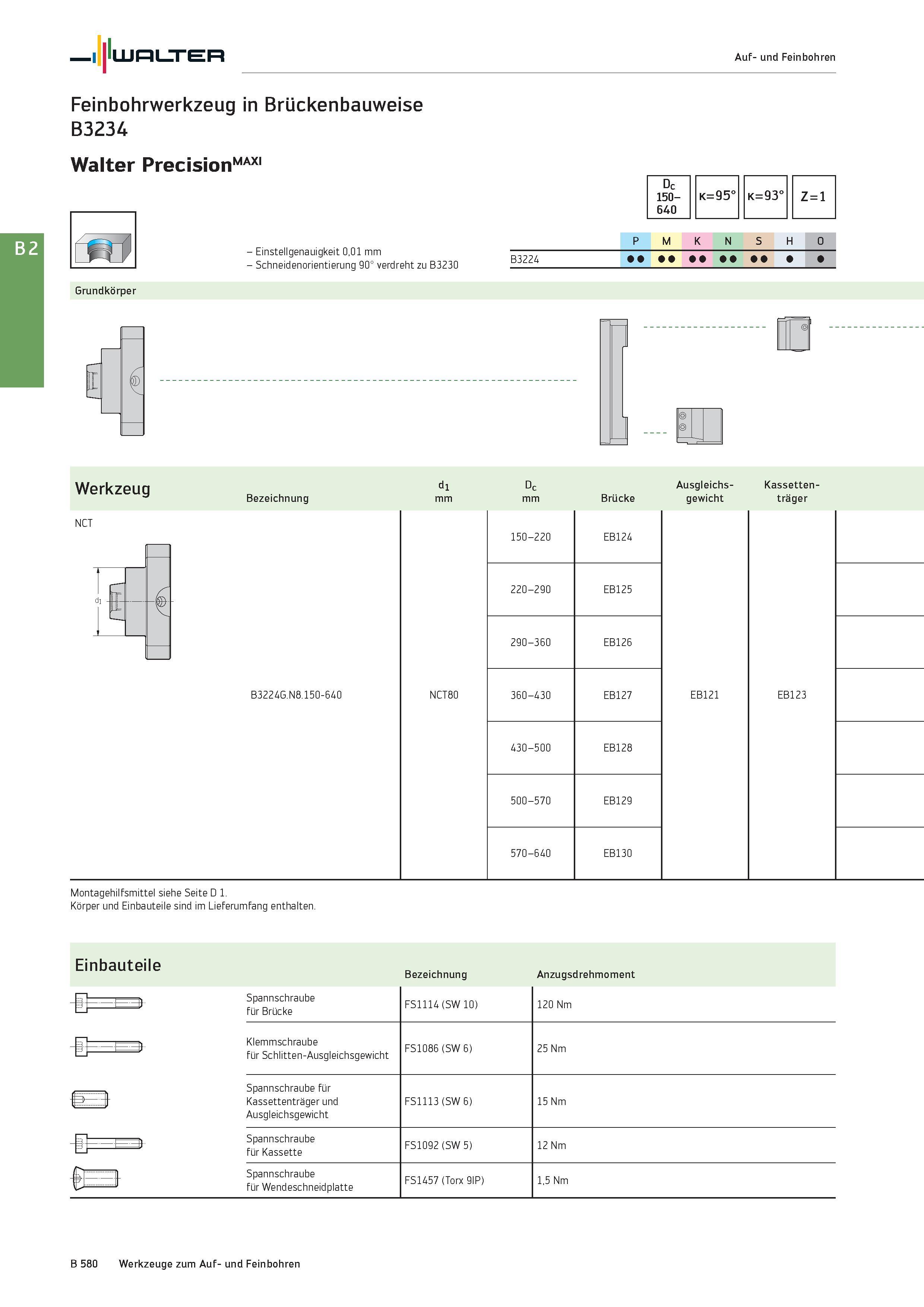 1094 Walter Auf- und Feinbohren Feinbohrwerkzeug in Brückenbauweise B3234 Walter PrecisionMAXI Grundkörper - Einstellgenauigkeit 0,01 mm - Schneidenor Каталог WALTER 2016 Общий Инструмент станочный режущий и инструментальная оснастка Фрезы монолитные и сборные с твердосплавными сменными пластинами Сверла Резцы Оправки Стр. B580