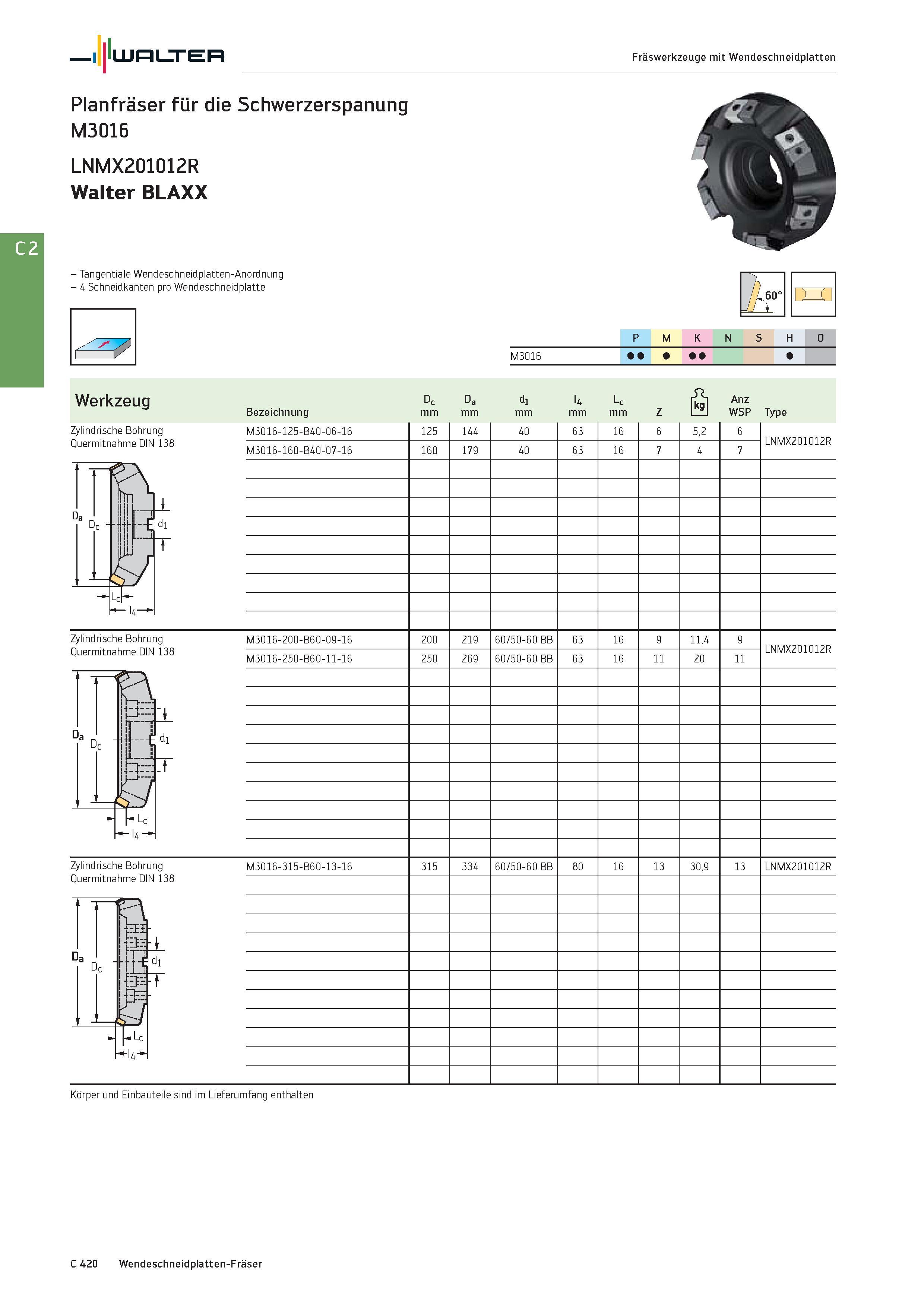2132 Walter Fräswerkzeuge mit Wendeschneidplatten Planfräser für die Schwerzerspanung M3016 LNMX201012R Walter BLAXX - Tangentiale Wendeschneidplatten Каталог WALTER 2016 Общий Инструмент станочный режущий и инструментальная оснастка Фрезы монолитные и сборные с твердосплавными сменными пластинами Сверла Резцы Оправки Стр. C420