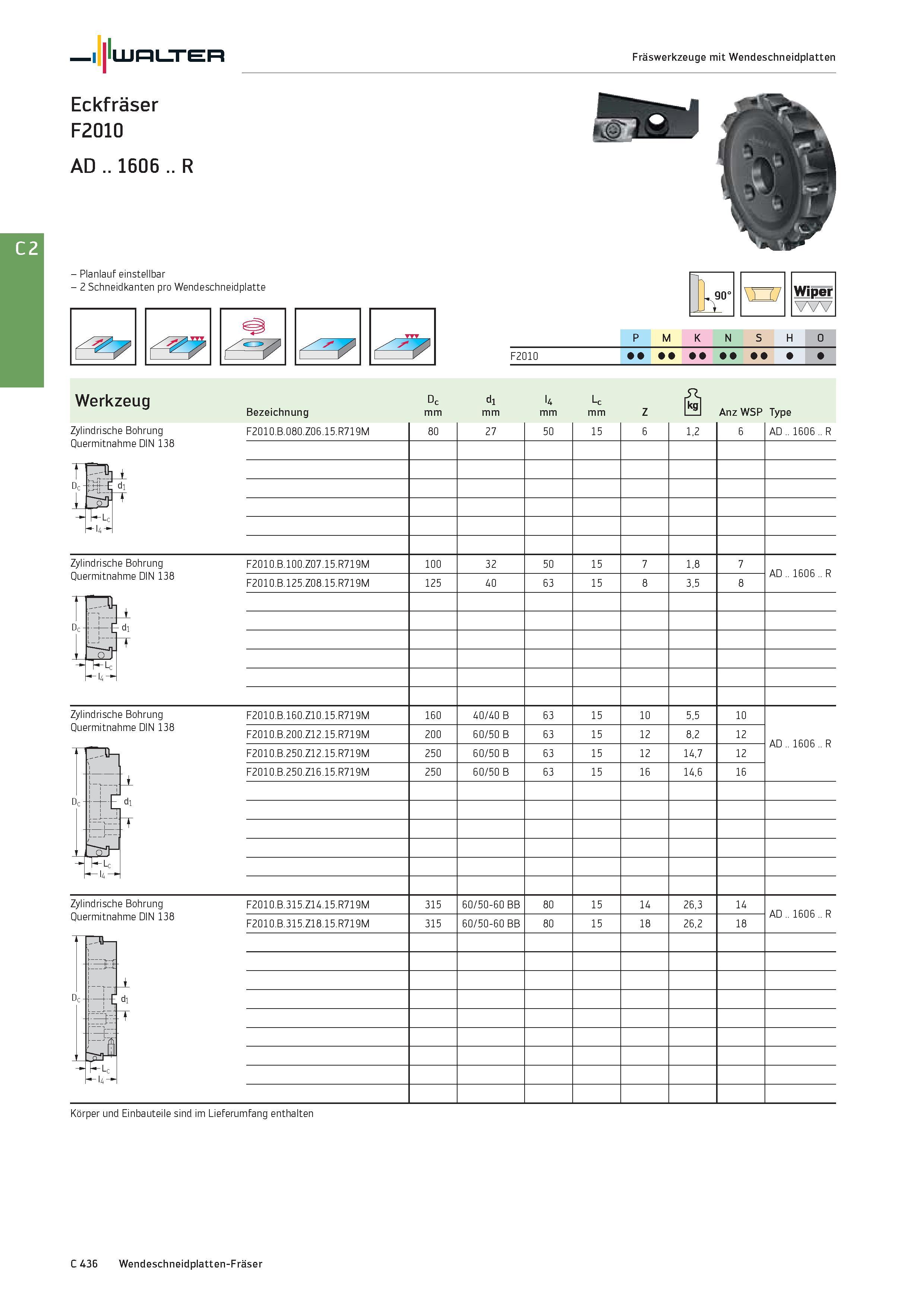 2148 Walter Fräswerkzeuge mit Wendeschneidplatten Eckfräser F2010 AD 1606 R - Planlauf einstellbar - 2 Schneidkanten pro Wendeschneidplatte Wiper P M Каталог WALTER 2016 Общий Инструмент станочный режущий и инструментальная оснастка Фрезы монолитные и сборные с твердосплавными сменными пластинами Сверла Резцы Оправки Стр. C436
