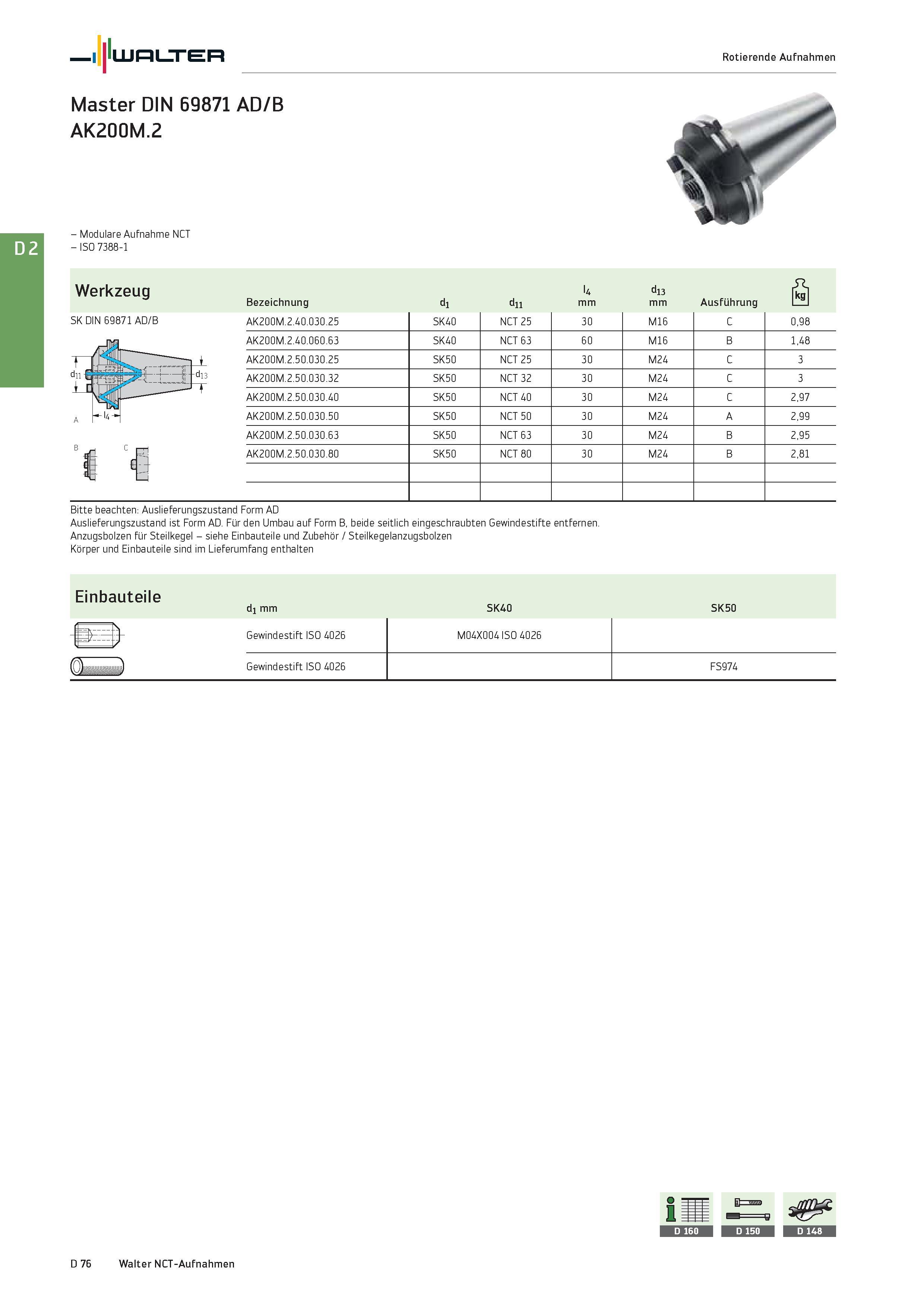2488 - Modulare Aufnahme NCT - ISO 7388-1 Werkzeug Bezeichnung di dii U mm di3 mm Ausführung ö SK DIN 69871 AD/B AK200M 2 40 030 25 SK40 NCT 25 30 M16 Каталог WALTER 2016 Общий Инструмент станочный режущий и инструментальная оснастка Фрезы монолитные и сборные с твердосплавными сменными пластинами Сверла Резцы Оправки Стр. D76