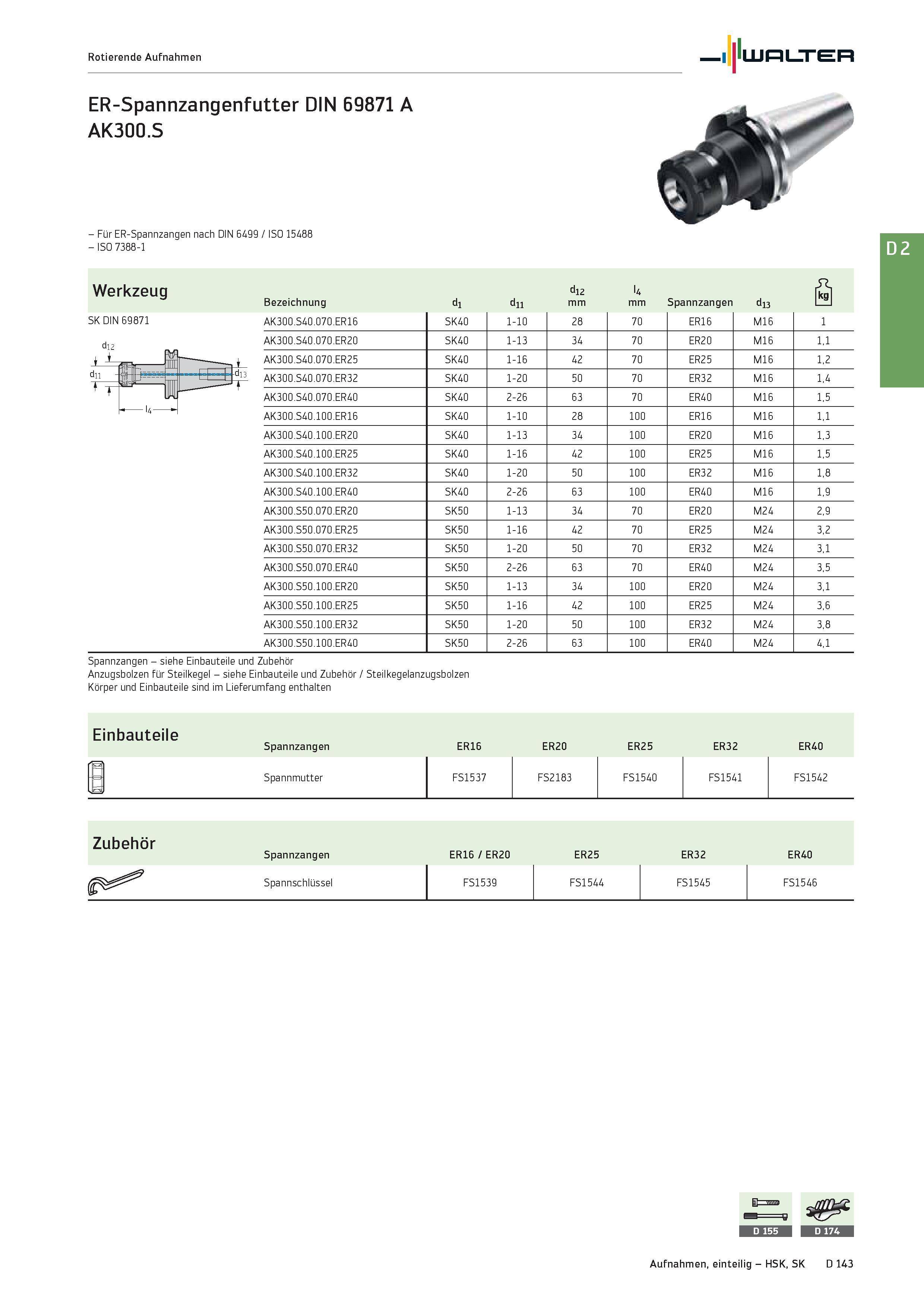 2555 Rotierende Aufnahmen Walter ER-Spannzangenfutter DIN 69871 A AK300 S - Für ER-Spannzangen nach DIN 6499 / ISO 15488 - ISO 7388-1 Werkzeug SK DIN Каталог WALTER 2016 Общий Инструмент станочный режущий и инструментальная оснастка Фрезы монолитные и сборные с твердосплавными сменными пластинами Сверла Резцы Оправки Стр. D143