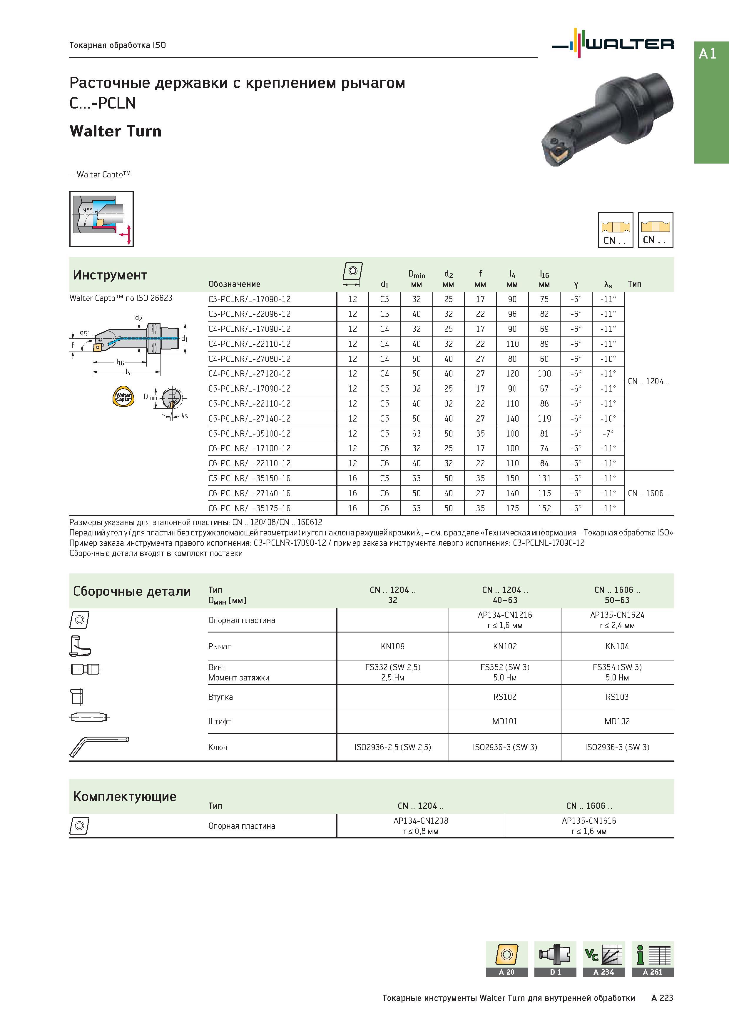 239 Расточные державки Walter с креплением рычагом C -PCLN Walter Turn Инструмент Walter Capto по 26623 95- II ld f I) Jd1 1 Il6 - 14 -\s :Ш1 CN CN Обозначен Каталог WALTER 2017 Инструмент металлорежущий и вспомогательный для металлообрабатывающих станков Сменные пластины Резцы Державки Расточные оправки Сверла Фрезы Патроны Стр. A223