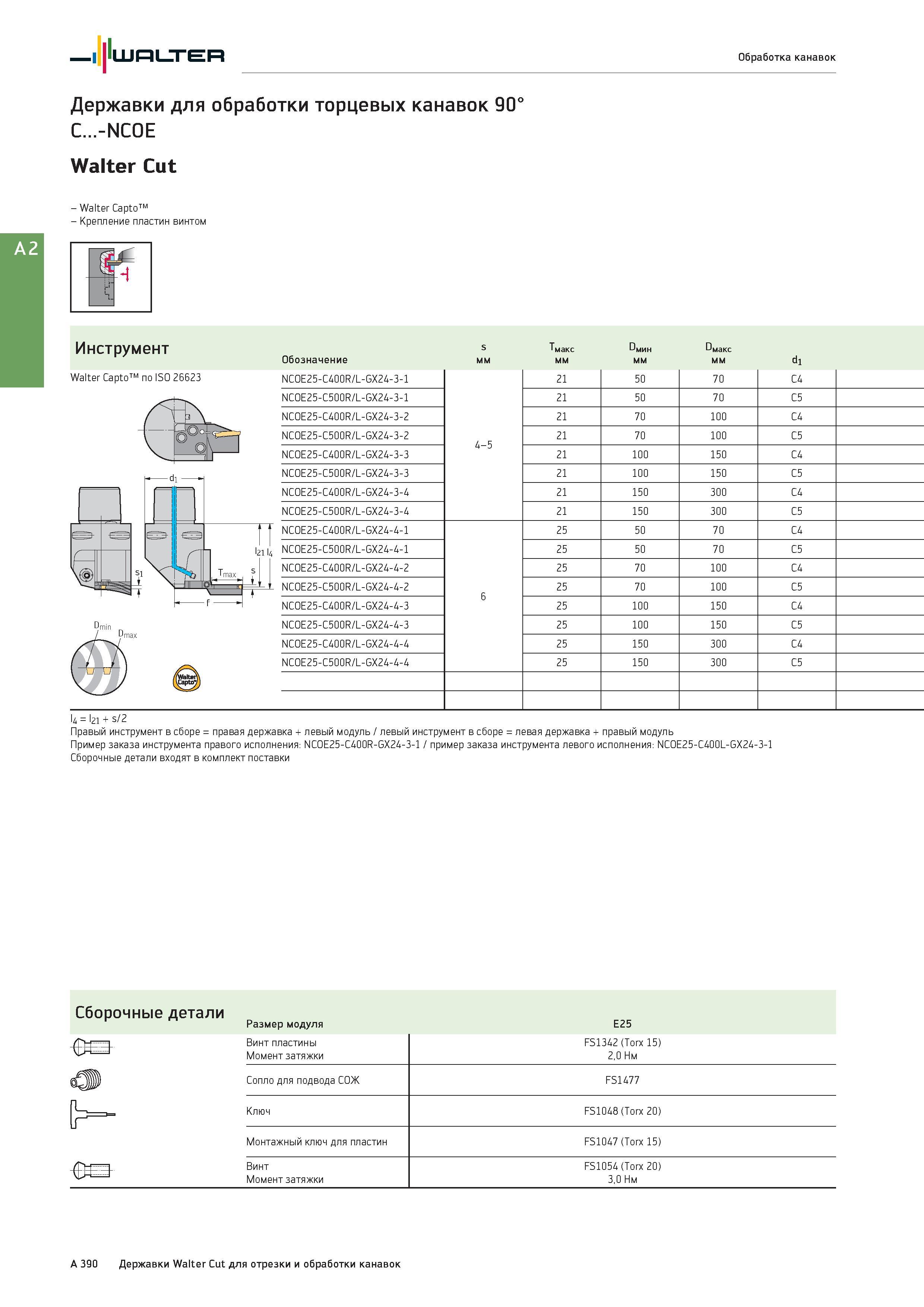 406 Державки для обработки торцевых канавок 90° C -NCOE Walter Cut Инструмент Capto по ISO 26623 Обозначение S мм макс мм мин мм макс мм di NC0E25-C400R/L-GX Каталог WALTER 2017 Инструмент металлорежущий и вспомогательный для металлообрабатывающих станков Сменные пластины Резцы Державки Расточные оправки Сверла Фрезы Патроны Стр. A390
