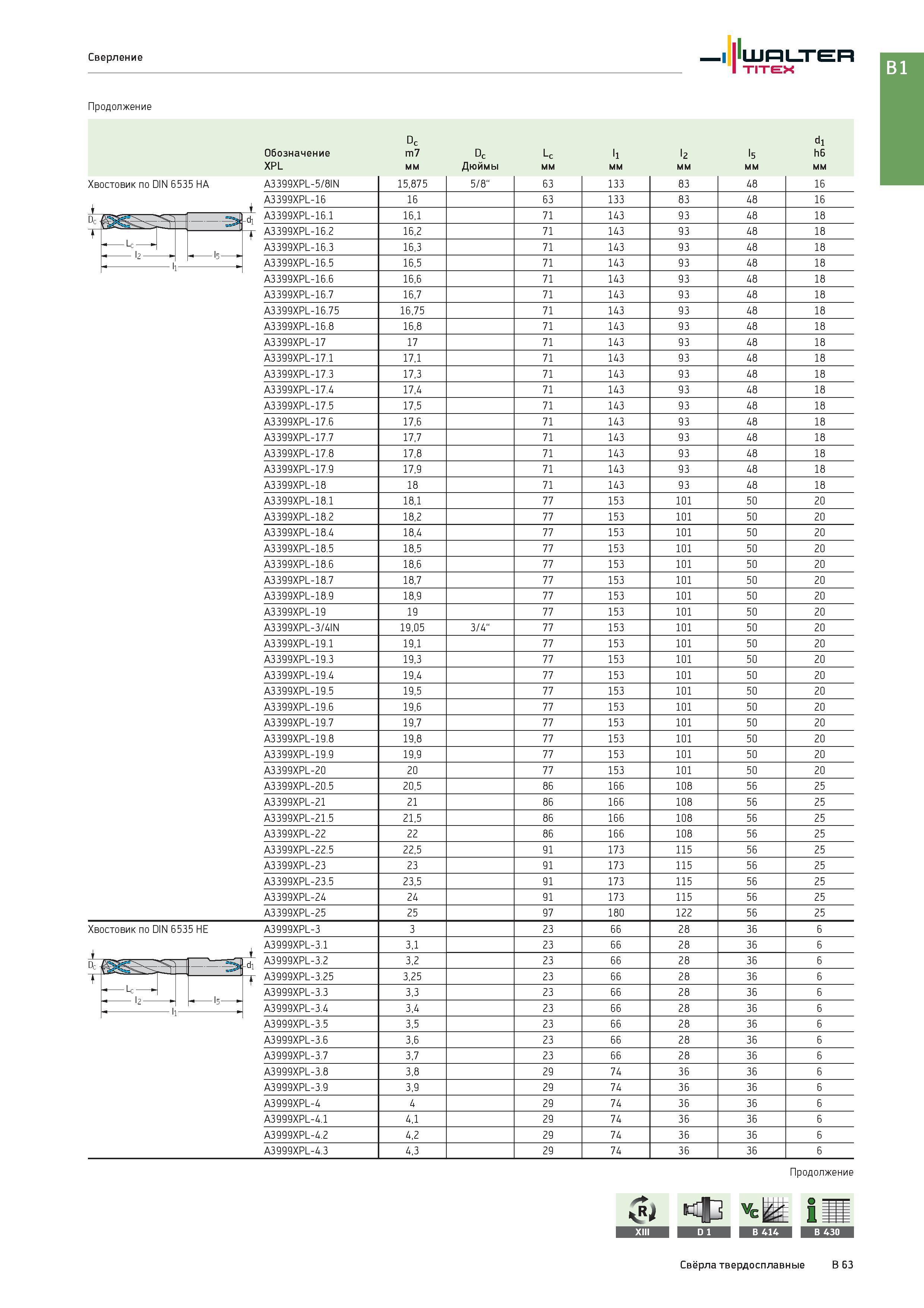 577 Сверление 1 рШПиГЕН Titex Продолжение Dc di Обозначение m7 Dc Lc l2 l5 h6 XPL мм Дюймы Хвостовик по DIN 6535 HA цилиндрический (ц/х) A3399XPL-5/8IN 15,87 Каталог WALTER 2017 Инструмент металлорежущий и вспомогательный для металлообрабатывающих станков Сменные пластины Резцы Державки Расточные оправки Сверла Фрезы Патроны Стр. B63