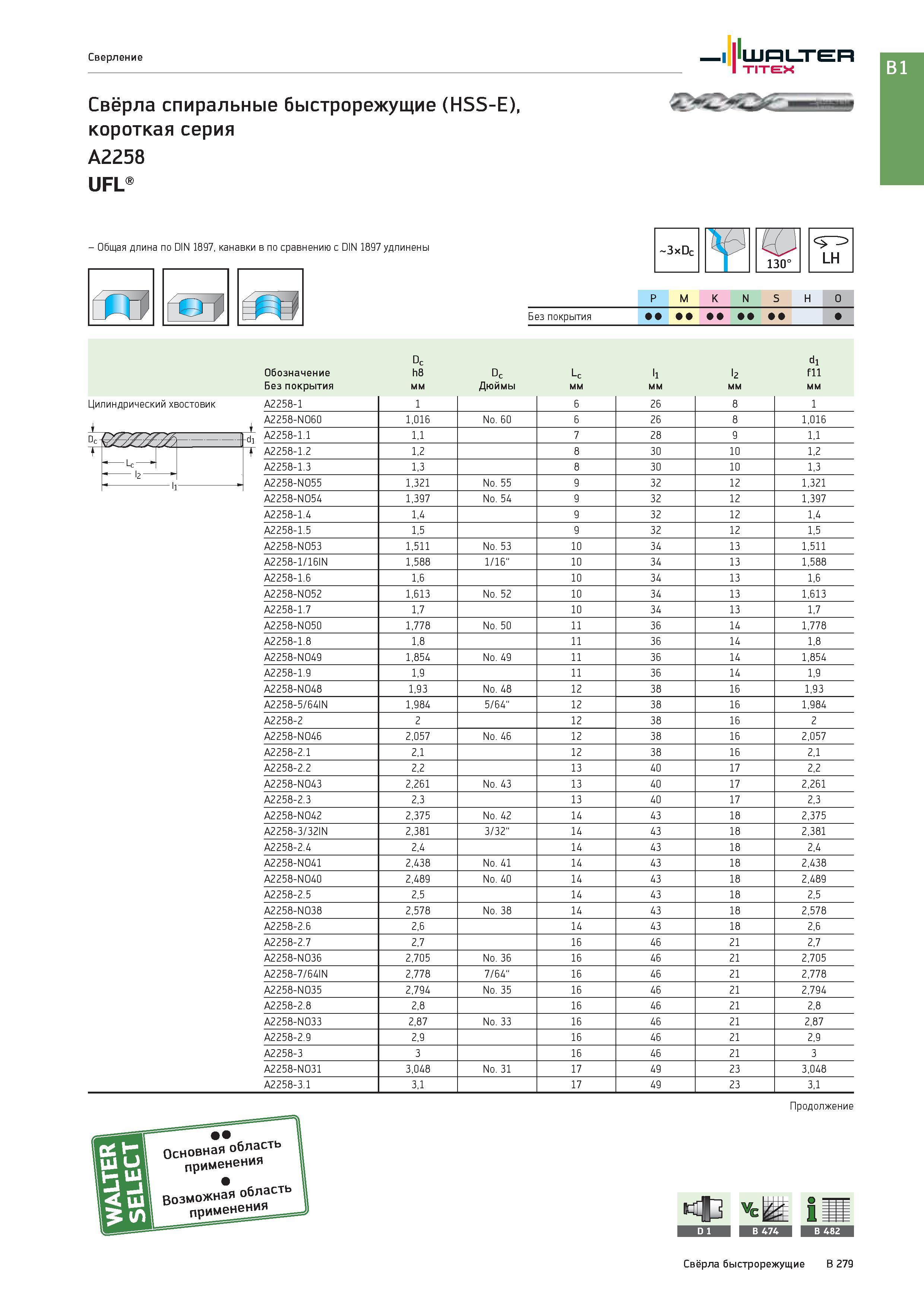 793 Сверление Свёрла спиральные быстрорежущие (HSS-E), короткая серия A2258 UFL Walter Titex - Общая длина по DIN 1897, канавки в по сравнению с DIN 1897 удл Каталог WALTER 2017 Инструмент металлорежущий и вспомогательный для металлообрабатывающих станков Сменные пластины Резцы Державки Расточные оправки Сверла Фрезы Патроны Стр. B279
