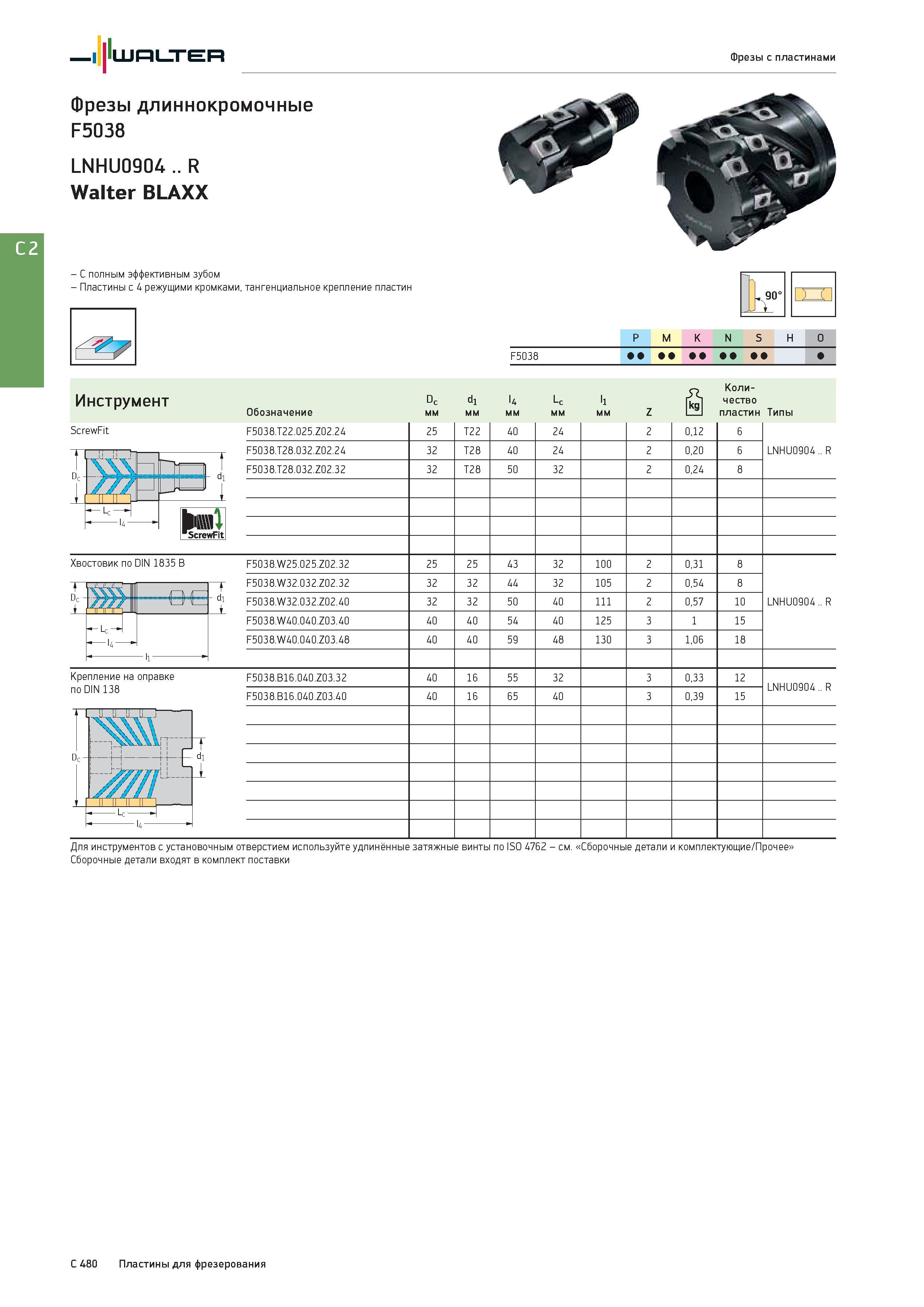 2192 Walter Фрезы с пластинами Фрезы длиннокромочные F5038 LNHU0904 R Walter BLAXX с полным эффективным зубом - Пластины с 4 режущими кромками, тангенциальное Каталог WALTER 2017 Инструмент металлорежущий и вспомогательный для металлообрабатывающих станков Сменные пластины Резцы Державки Расточные оправки Сверла Фрезы Патроны Стр. C480
