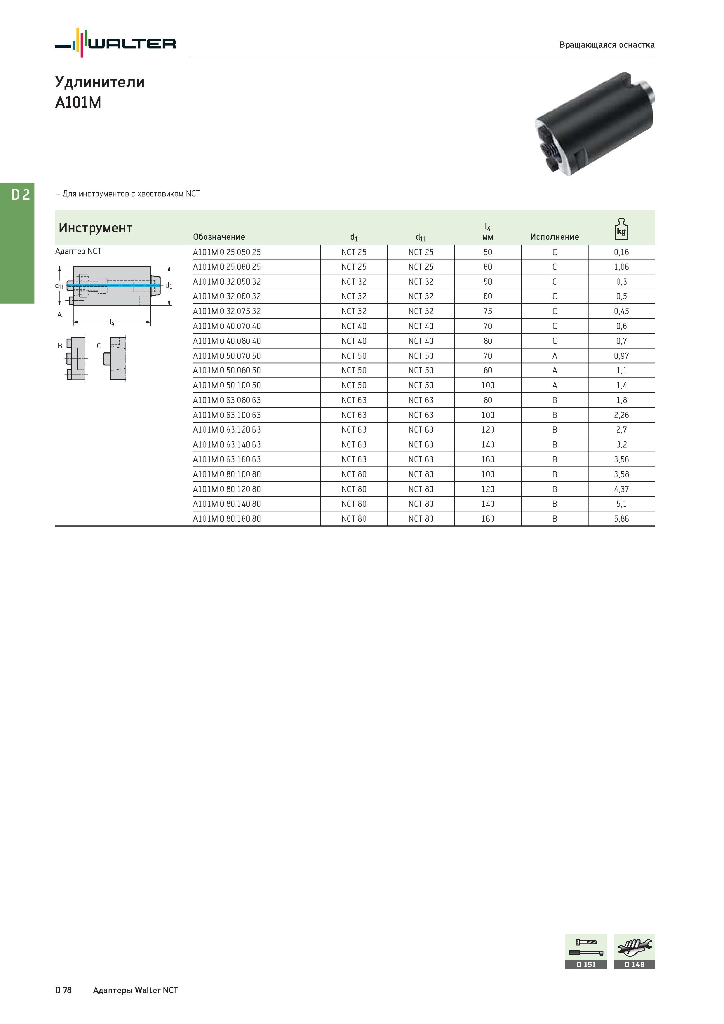 2490 Walter Вращающаяся оснастка Инструмент Адаптер NCT dii и A b£ С fe T C 1 1 Обозначение dl dll l4 мм Исполнение A101M 0 25 050 25 NCT 25 NCT 25 50 C 0,16 Каталог WALTER 2017 Инструмент металлорежущий и вспомогательный для металлообрабатывающих станков Сменные пластины Резцы Державки Расточные оправки Сверла Фрезы Патроны Стр. D78