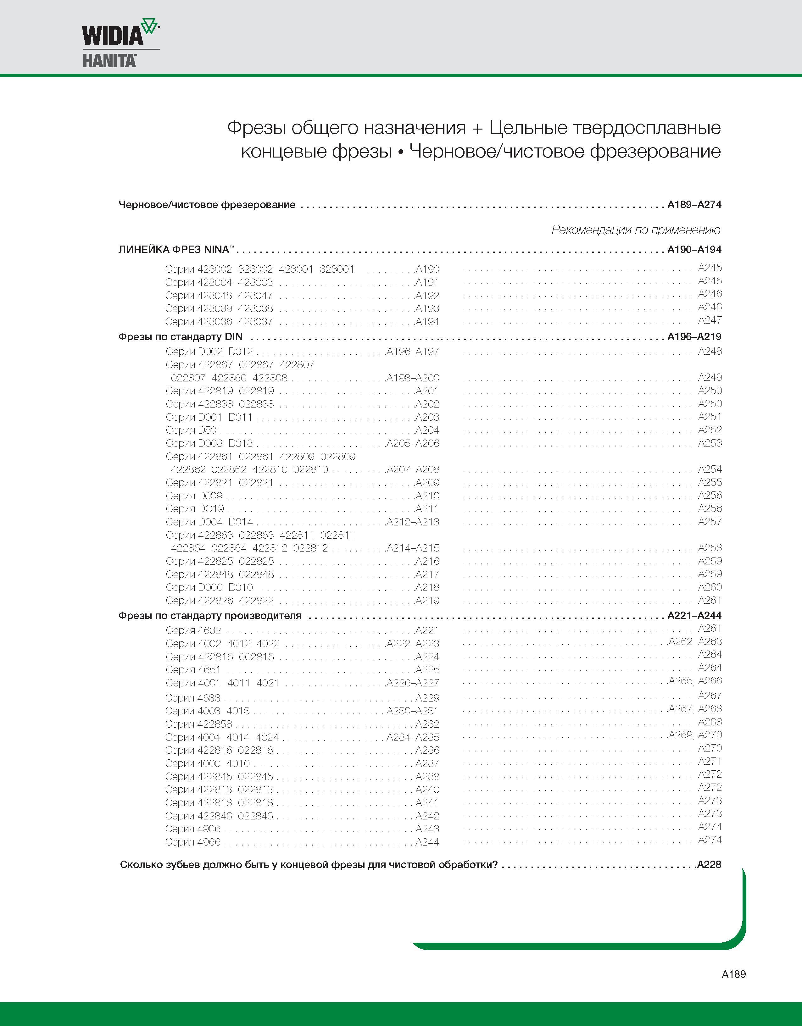 199 Widia Hanita Фрезы общего назначения + Цельные твердосплавные концевые фрезы Черновое/чистовое фрезерование Черновое/чистовое фрезерование A189-A274 Рекоме Каталог WIDIA 2010 Режущий осевой инструмент Цельные концевые фрезы из твердого сплава и быстрорежущие Сверла спиральные Развертки многолезвийные Стр. A189