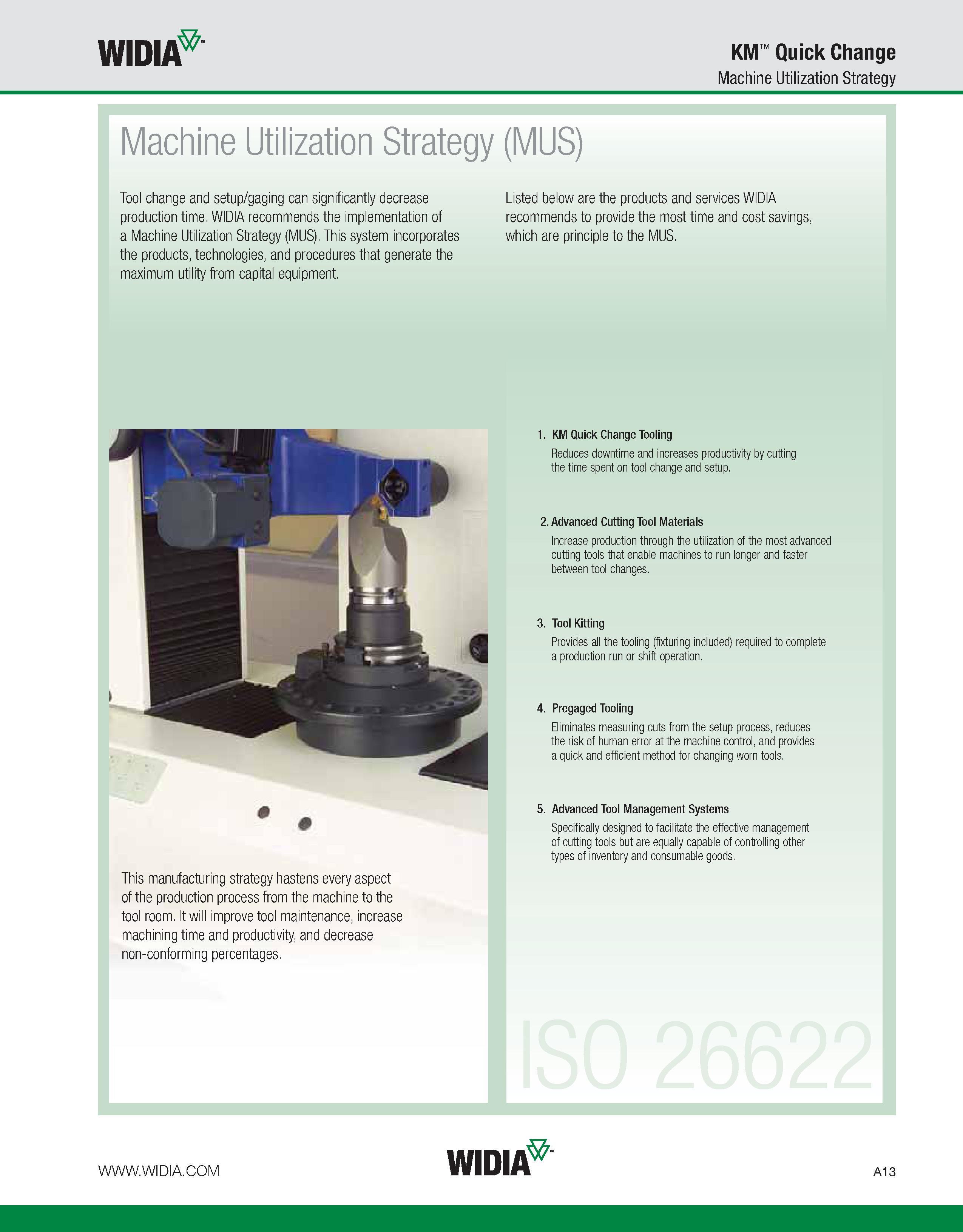 23 WIDIA KM Quick Change Machine Utilization Strategy Machine Utilization Strategy (MUS) Tool change and setup/gaging can significantly decrease pro Каталог WIDIA 2011 Инструментальная оснастка для металлорежущих станков Вспомогательный инструмент для оборудования Адаптеры Насадки Оправки Патроны Стр. A13 ENG